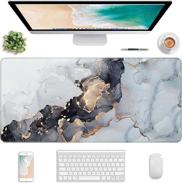 Atufsuat Extended Gaming Mouse Pad, XXL Large Mouse Mat 30 x 14 Inch, Big Computer Keyboard Mousepad, Waterproof Desk Pad with Stitched Edges and Non-Slip Base for Office Gaming, Gray Ink Marble