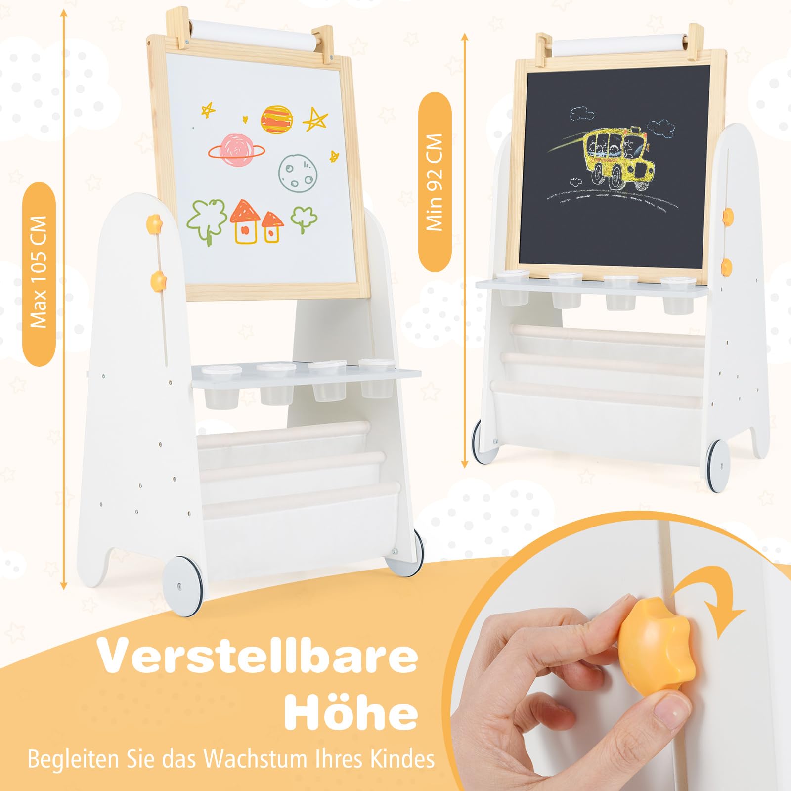 COSTWAY Kinder Staffelei mit Hocker, 4-in-1 Kindertafel mit Magnettafel, Schultafel, Bücherregalen, Standtafel inkl. Papierrolle & Zubehör, Kinderstaffelei für Kinder ab 3 Jahren