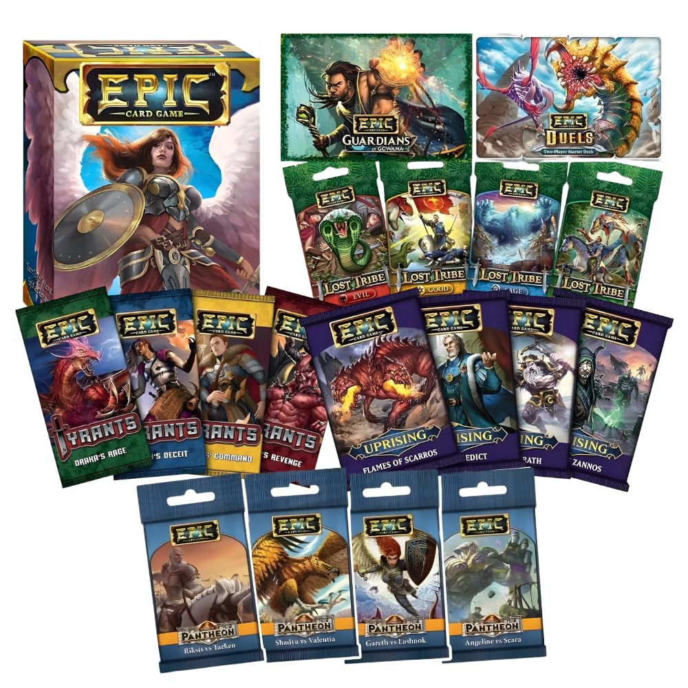 WISE WIZARD GAMES, Pacchetto gioco di carte epico: set base, Guardiani di Gowana, Duelli Boxed Sets Plus 4 pacchetti di carte tribù perdute, 4 pacchetti Pantheon, 4 tiranni, 4 rivolta (19 articoli)