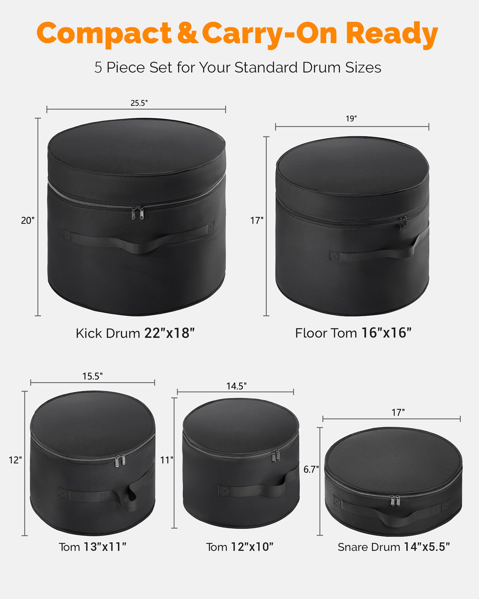 Set di 5 custodie imbottite per batteria per batteria da 55,9 cm, 30,5 cm, 33 cm, 40,6 cm e rullante da 14", custodie protettive leggere per batteristi, trasporto di concerti e conservazione a lungo
