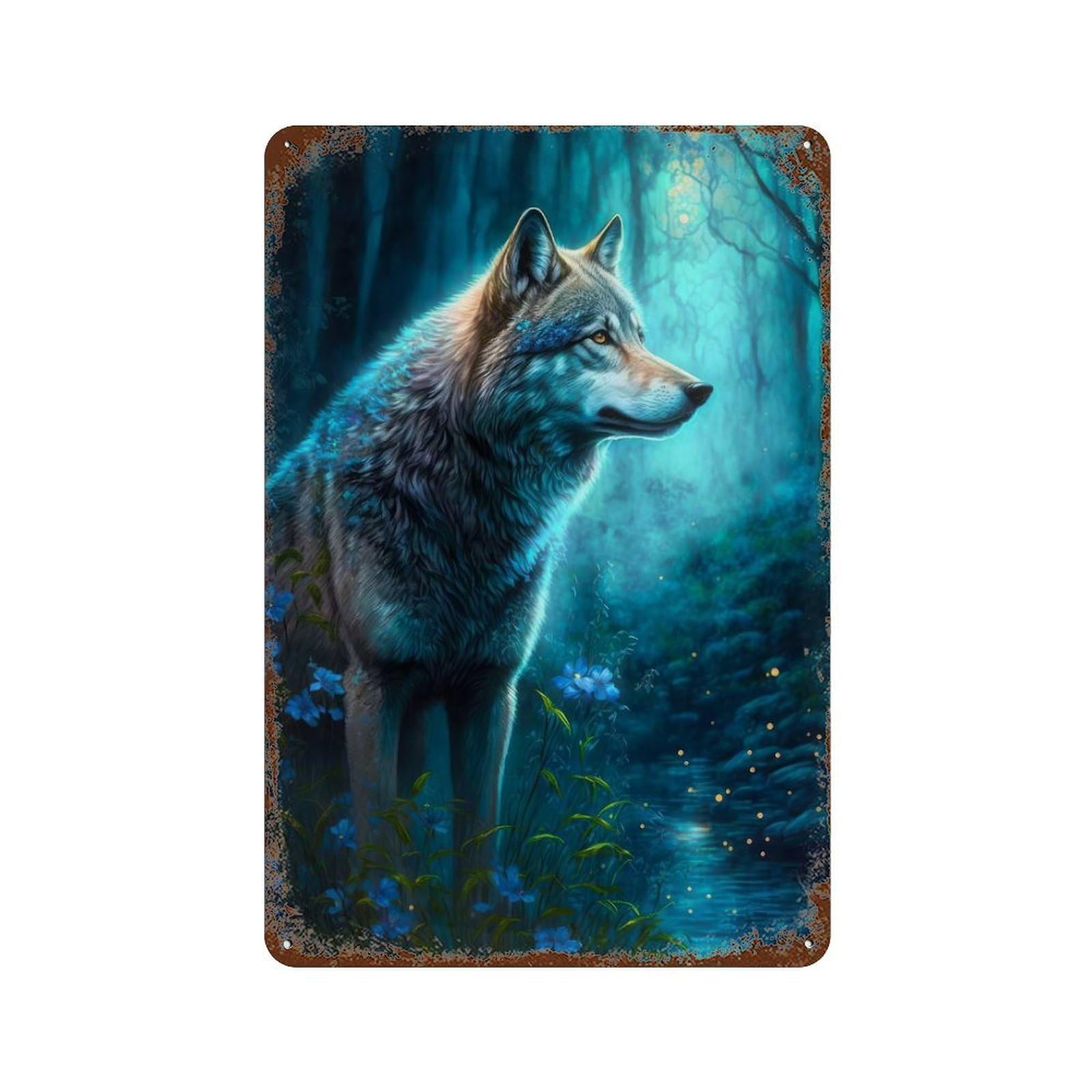 Rust Effect Wolf at The River Rustic Tin Plaque 11.8"x7.9", Classic Wall Plaque for Shed, Workshop And Garage Wall Decor