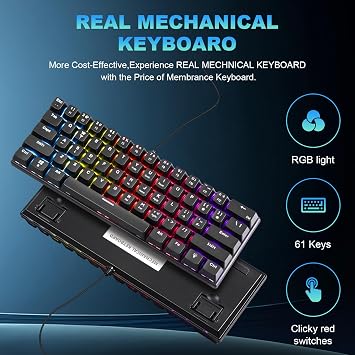 لوحة مفاتيح ميكانيكية للألعاب سلكية بنسبة 60% بإضاءة خلفية RGB ومضادة للظلال ولوحة مفاتيح صغيرة مدمجة مكونة من 61 مفتاحًا مع مفتاح أحمر | لأجهزة الكمبيوتر المحمولة وأجهزة الكمبيوتر التي تعمل بنظام Windows وكاتب Office