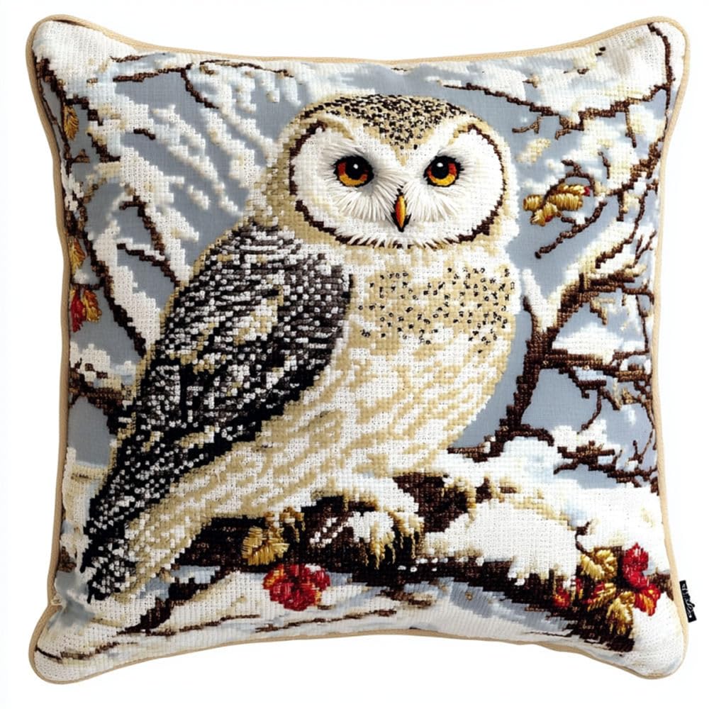 Orlumy Multicolored Latch Hook Kits For Adults,Snowy Owl Beginners Diy Crochet Pillow Kit Pre-Printed Pillowcase Hook And Latch Rug Kits Needlework Cushion Cover For Home Sofa Decoration 17X17 Inch