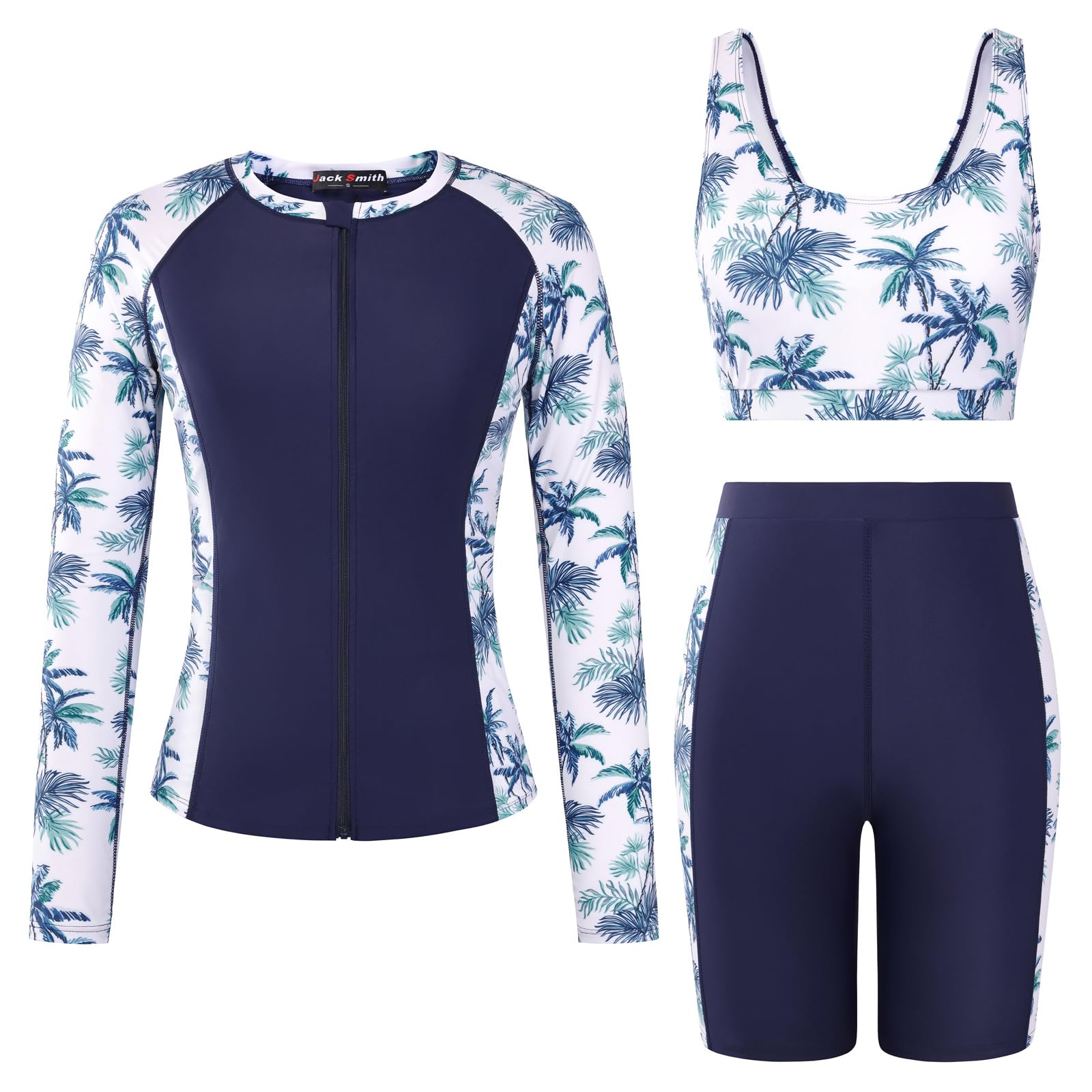 JACK SMITH Women's 3 Piece Long Sleeve Rash Guard Swimsuits Zip Front Bathing Suit Tankini Swimsuits UPF 50