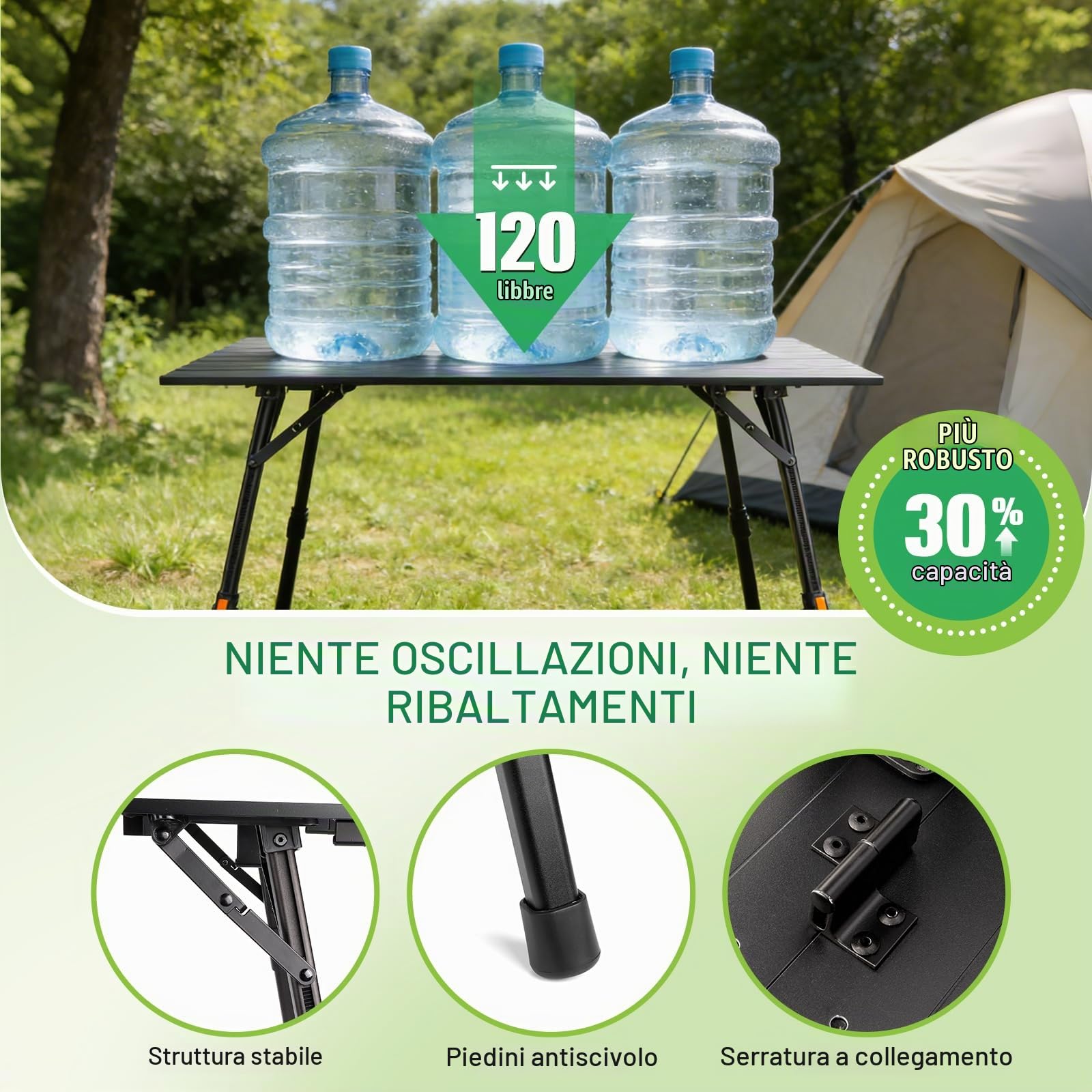 Tavolo Pieghevole da Campeggio Tavolino Pieghevole da esterno Nessun Montaggio Richiesto Tavolo Pieghevole in Lega di Alluminio con Gambe Regolabili in Altezza in Modo Continuo 95cm*52cm
