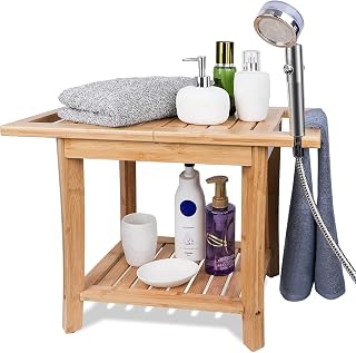 Bamboo Shower Bench for Inside Shower, Waterproof Bathroom Shower Stool with Storage Shelf, Shower Head Holder, Bath Towel Holder