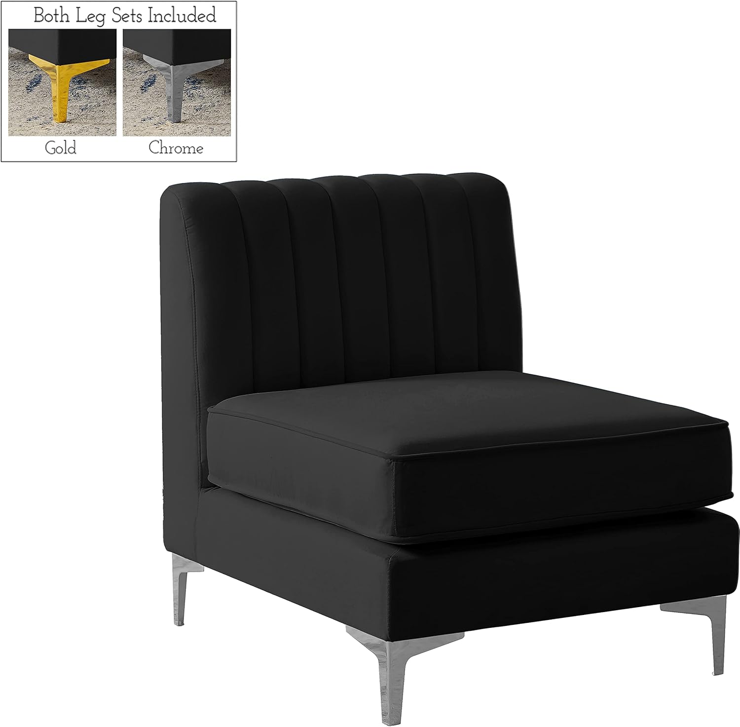 Meridian Furniture 604Black-Armless Alina Collection Modern | Contemporary Velvet Upholstered Modular Chair with Deep Channel Tufting, 26" W x 32.5" D x 31" H, Black