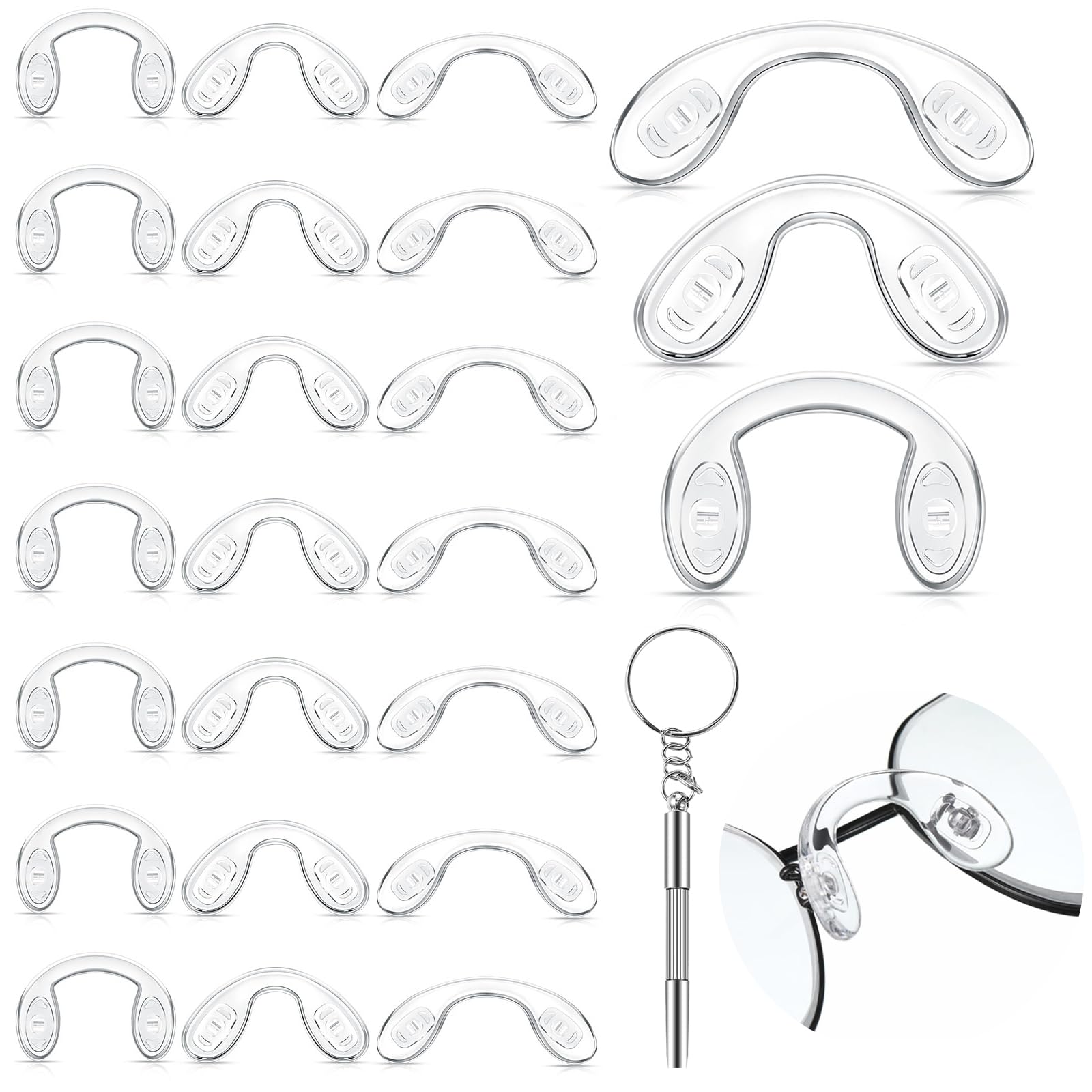 24 Pieces 3 Size Nose Pads for Glasses U Shaped Screw 42mm 32mm 28mm in Eyeglasses Strap Saddle Bridge Silicone Nose Pads Transparent Eyeglasses Anti Slip Anti Drop Glasses Fixing Tool for Adult