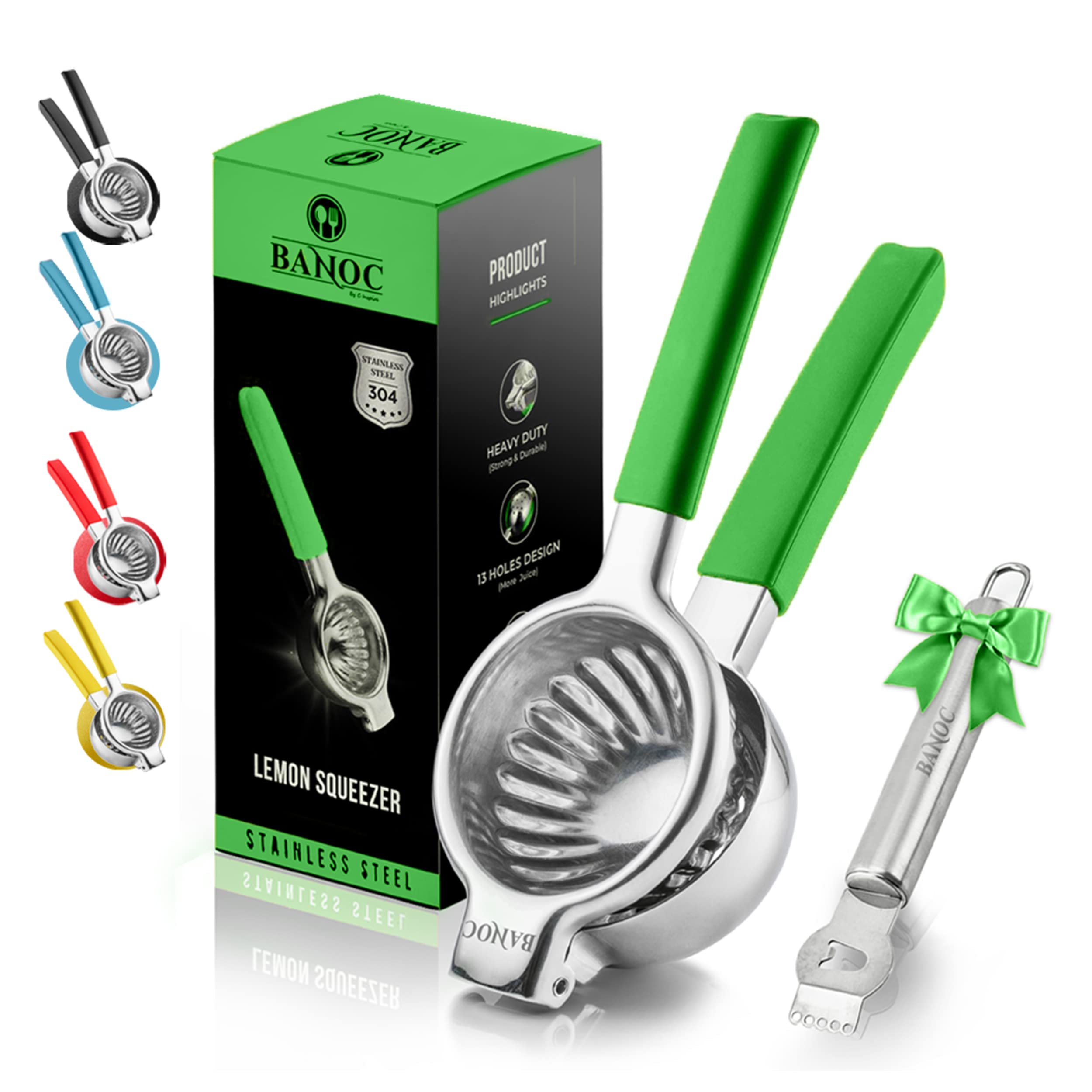 Banoc Lemon Squeezer - Stainless Steel Manual Press Heavy Duty Lemon Squeezer – Extra-Large Citrus Press for Lemons and Oranges – Anti-Slip Silicone Handle - Lemon Zest Grater Included (Lime)