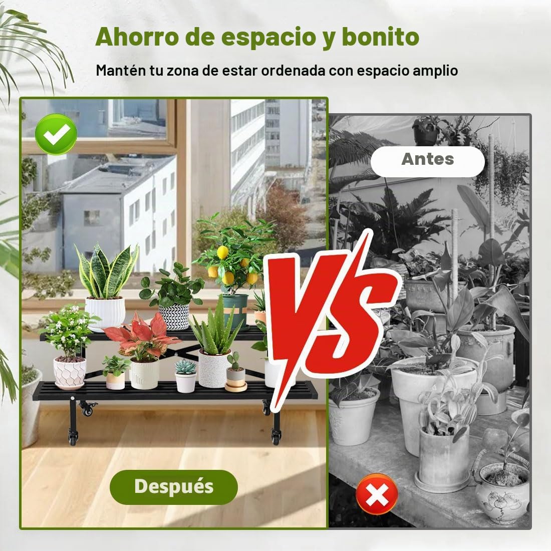 Estantería para flores con ruedas, de metal, 2 estantes, color negro, para plantas de interior y exterior, balcón
