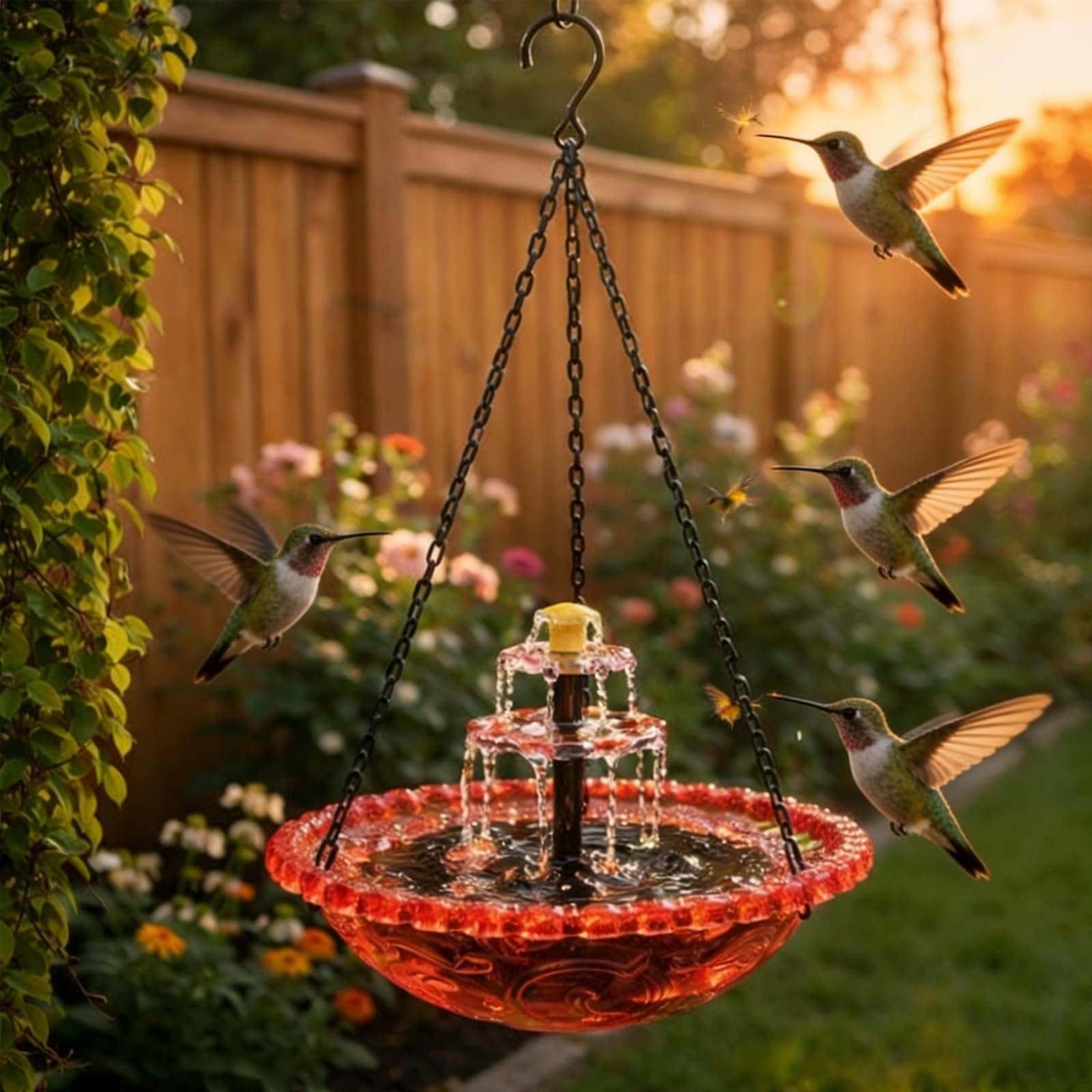 Fontana solare da appendere a cascata per uccelli, grande vasca per uccelli da appendere all'aperto con pompa solare e ciotola di vetro per attirare uccelli selvatici per decorare il cortile