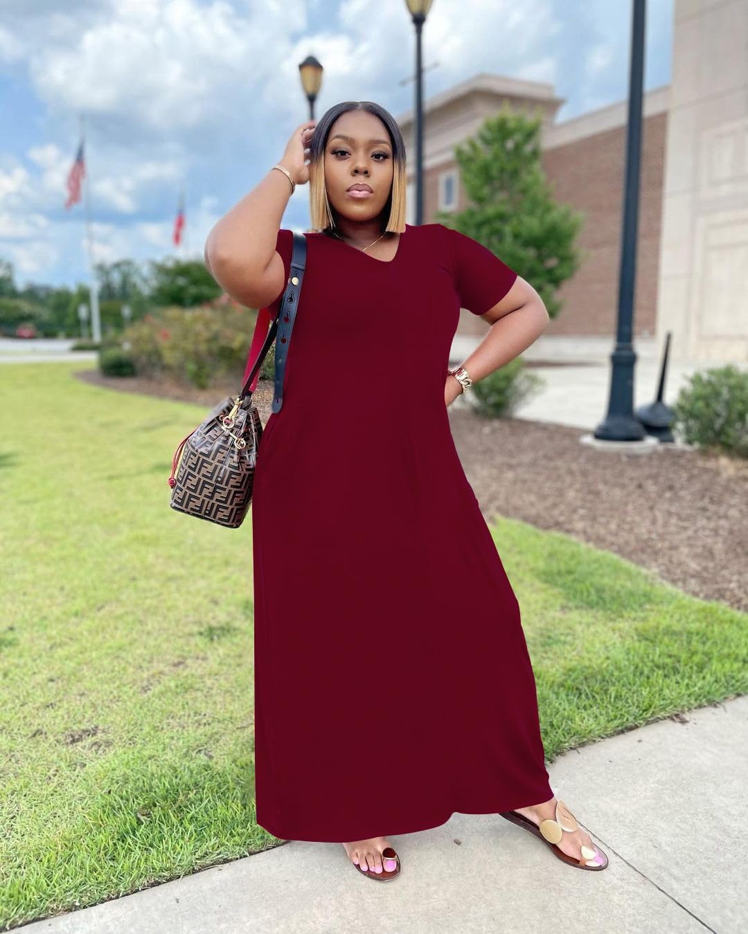 TOPSRANI Womens Plus Size Maxi Dresses for Women Oversize Casual Short Sleeve V Neck Loose Plain Solid Trendy Summer Dress - Image 2