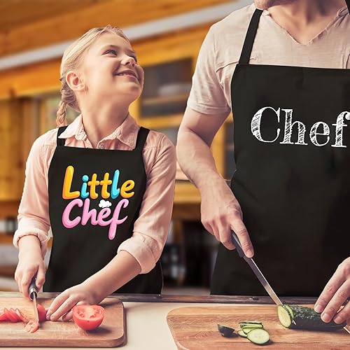 Miniatura 3 de Juego de delantal de chef para niños, delantal de cocina ajustable con 2 bolsillos, negro, para niños y niñas de 3 a 8 años