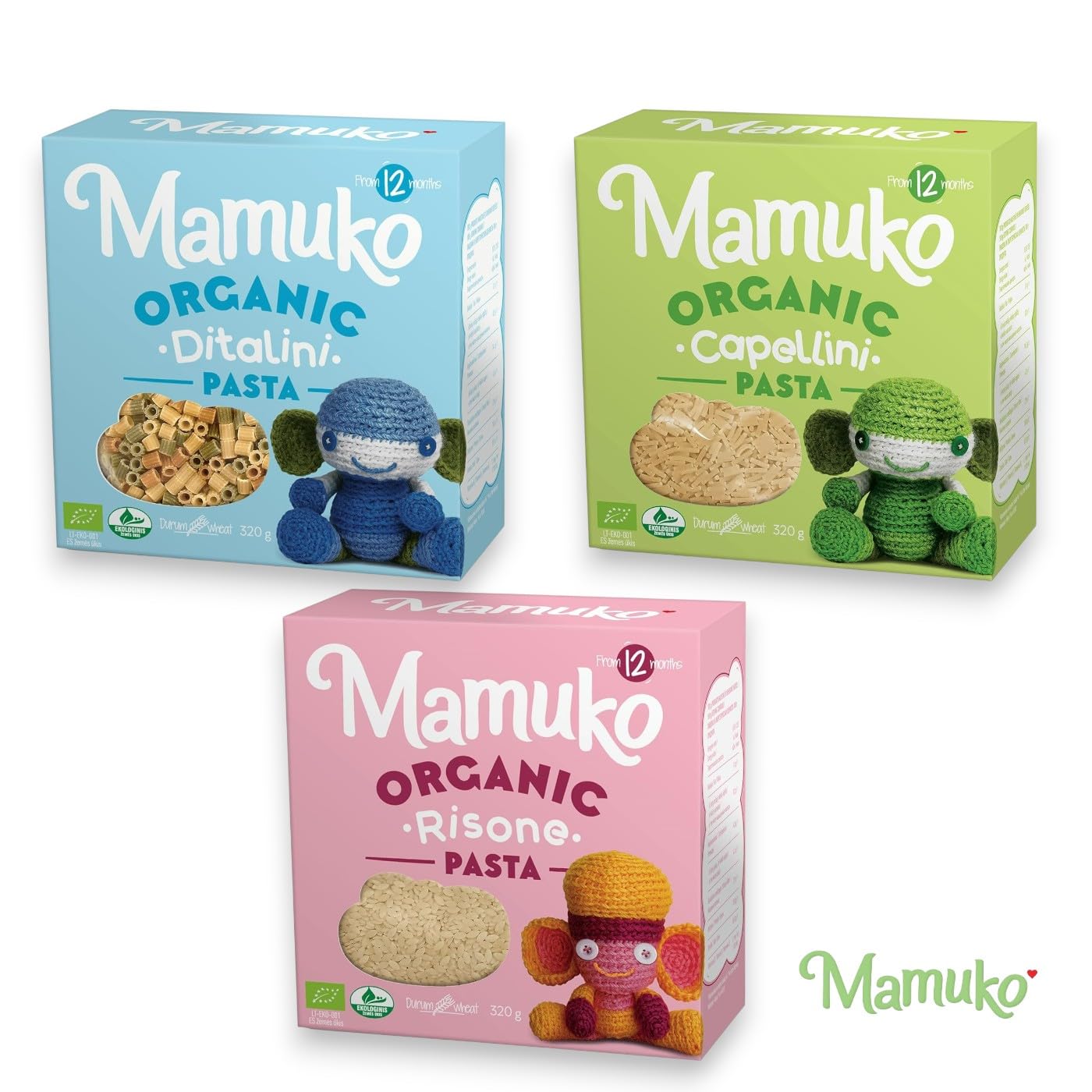 Mamuko Organic The Beginning Pasta's 3 Pack Varity Mix (Ditalini, Risone and Capellini)- for Kids 12 months and up- 12 Servings, 11.3oz-320g/each