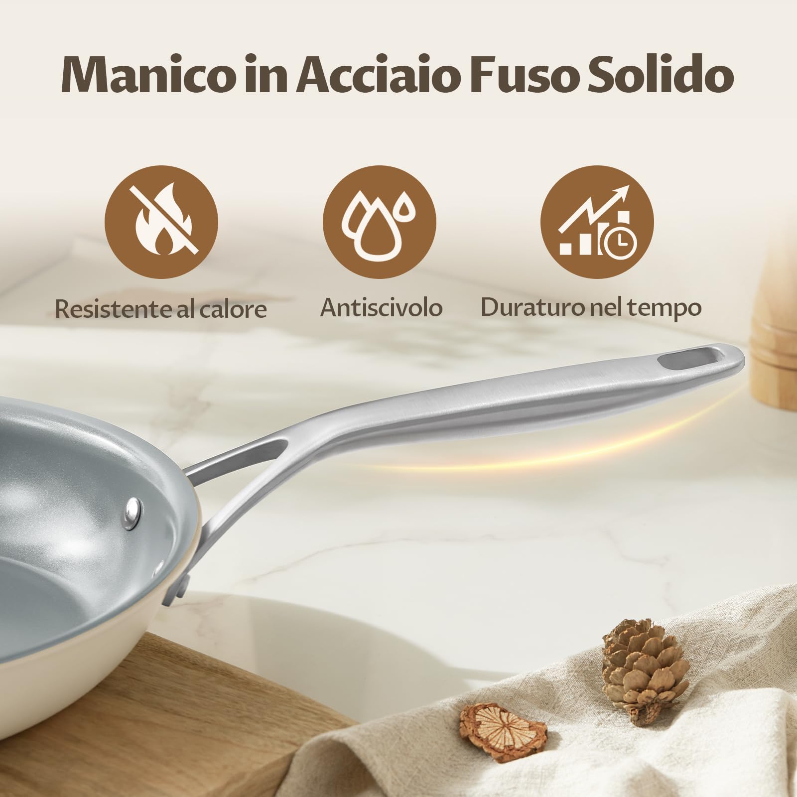 BLAZANT Padella Antiaderente 28cm in Ceramica, Senza PTFE e PFOA, con Manico in Acciaio Incluso, Base SolidPlate per Induzione, Padelle per Tutti i Piani Cottura, per Cucina Familiare Quotidiana