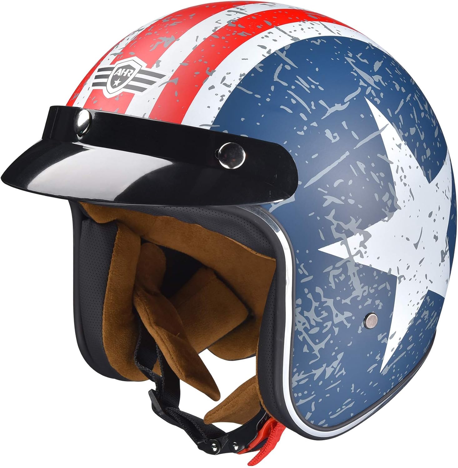 AHR RUN-O5 3/4 Open Face Motorcycle Helmet with Visor Retro Vintage Moped Bobber Scooter Cruiser Helmet for Men Women DOT (Patriotic Flag Style, M)