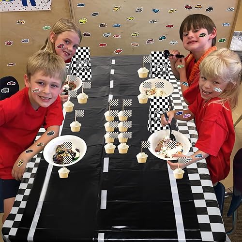 Miniatura 6 de Decoración de fiesta de carreras, incluye conos de tráfico, banderas a cuadros, mantel, globos, pancarta triangular, carreras, corredor, cupcakes,