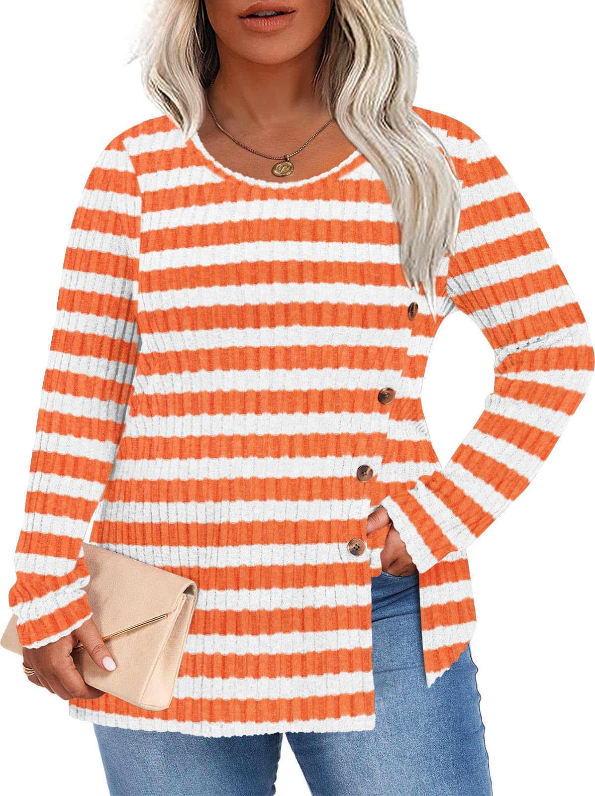 HOTGIFT Women Plus Size Top Knit Long Sleeve Sweater Button Tunic XL-5XL