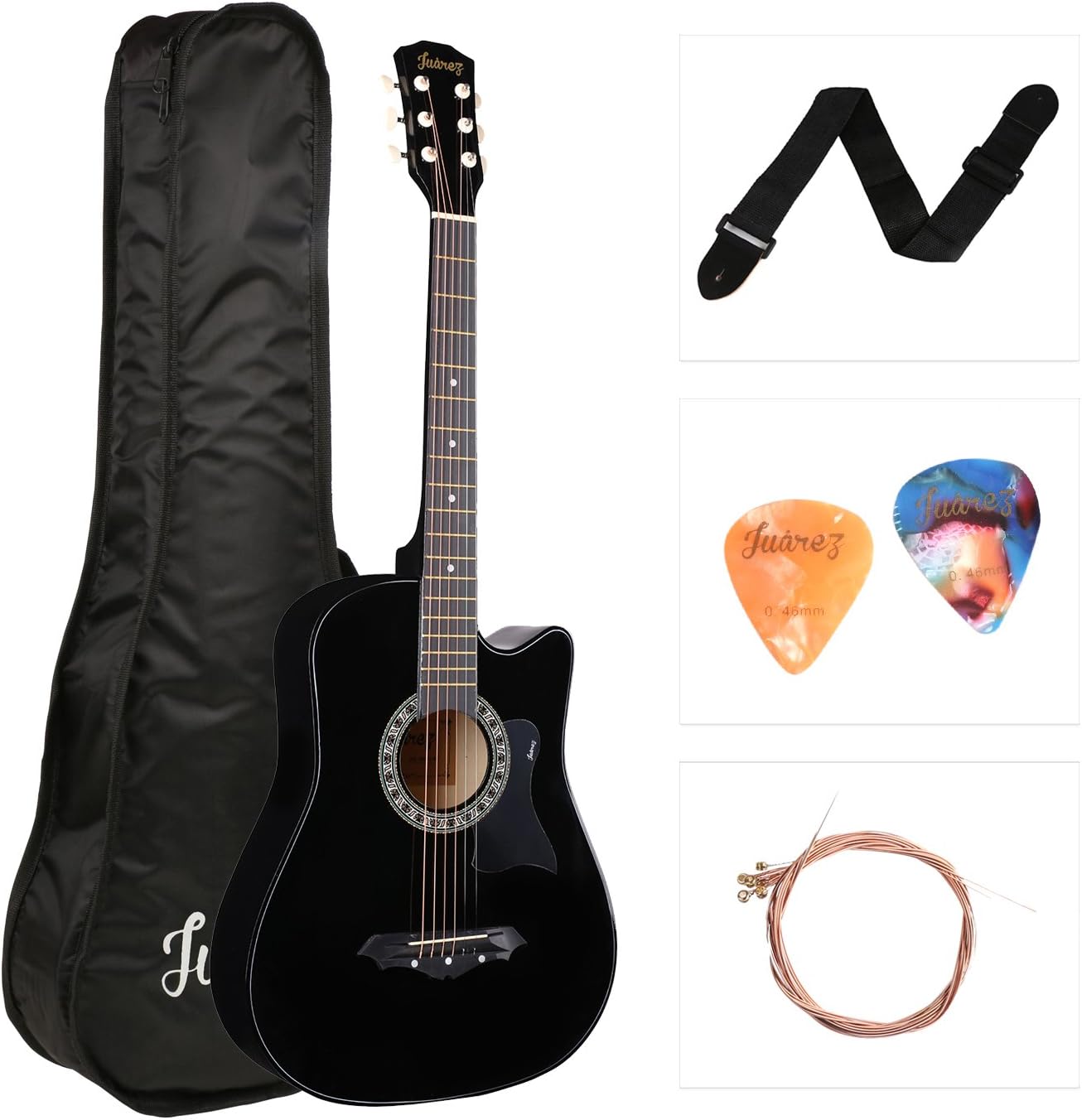 Juarez Acoustic Guitar, 38 Inch Cutaway with Pick Guard, 38CPG with Bag, Strings, Pick and Strap, Black