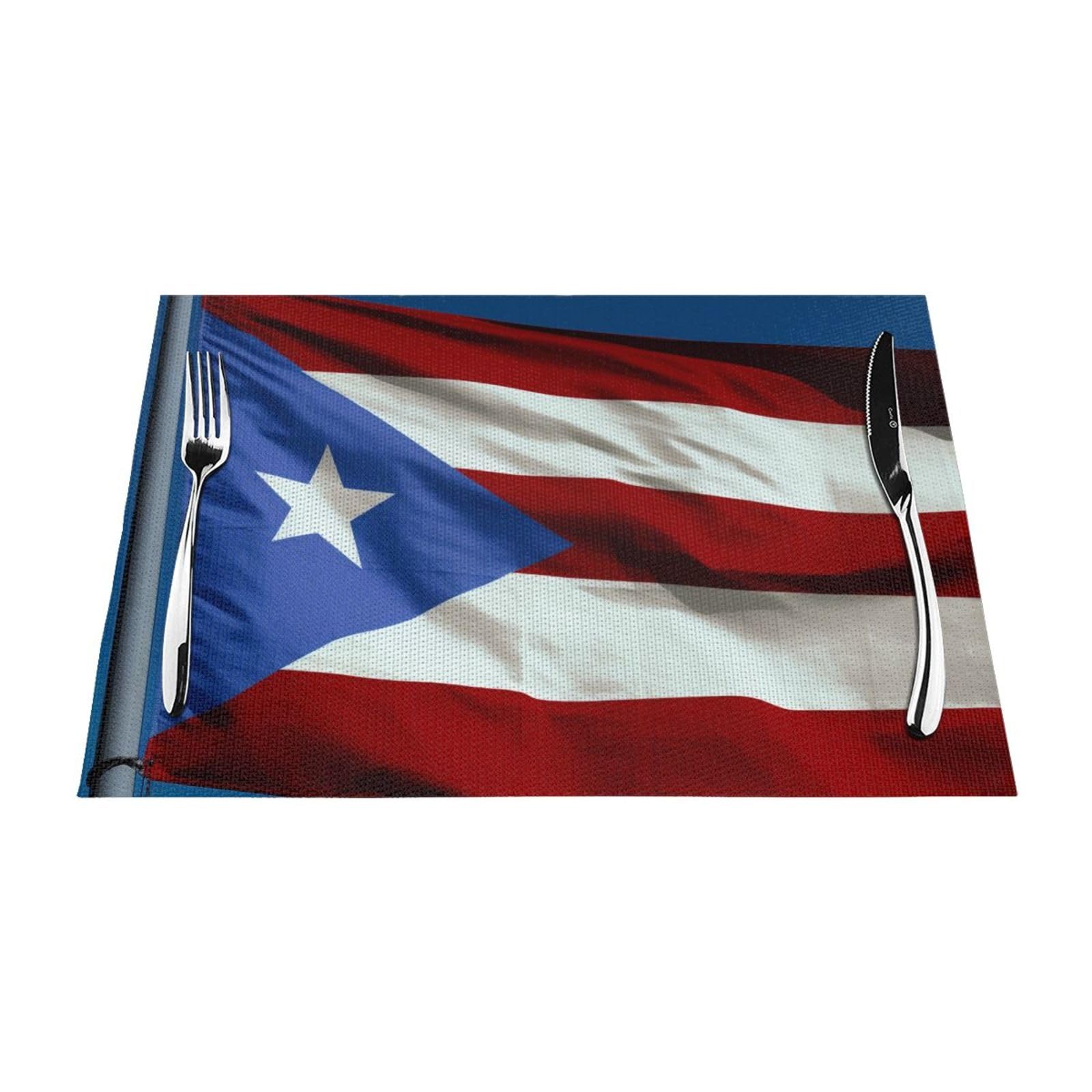Puerto Rico Flag Printed PVC Placemat 6 PCS for Kitchen Dining Table Heat-resistand Washable Table Mats 18x12 in