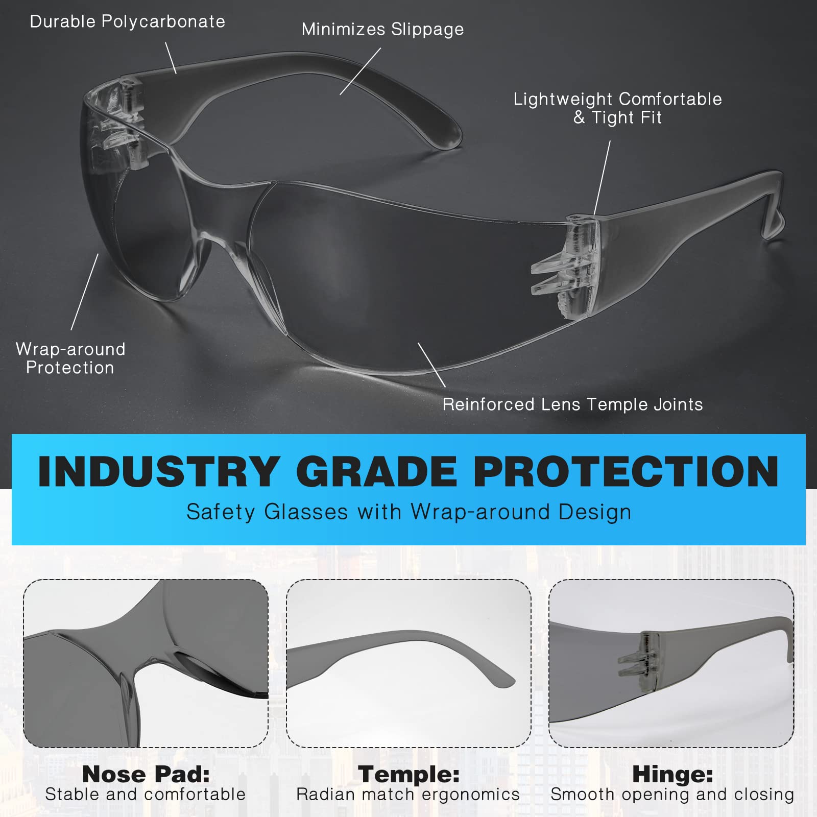 Gafas de seguridad transparentes y gafas de sol protectoras para hombres y mujeres, ANSI Z87.1, resistentes a arañazos e impactos, para WorkLab