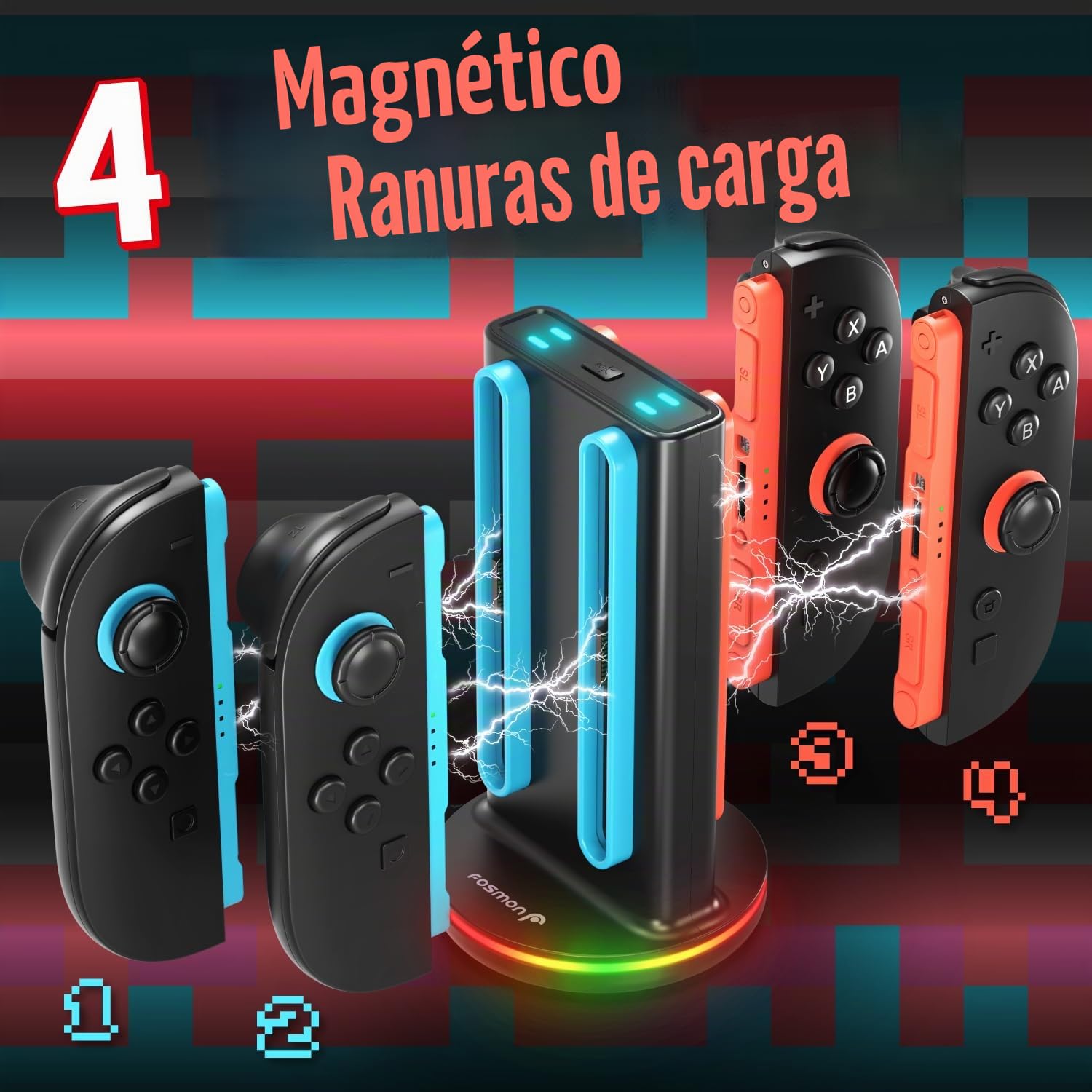Fosmon Estación de Carga para Mandos Nintendo Switch 2 Joy-con – Carga Rápida 4 en 1 con Iluminación RGB (9 Modos) e Indicador LED – Cargador para Mandos Switch 2