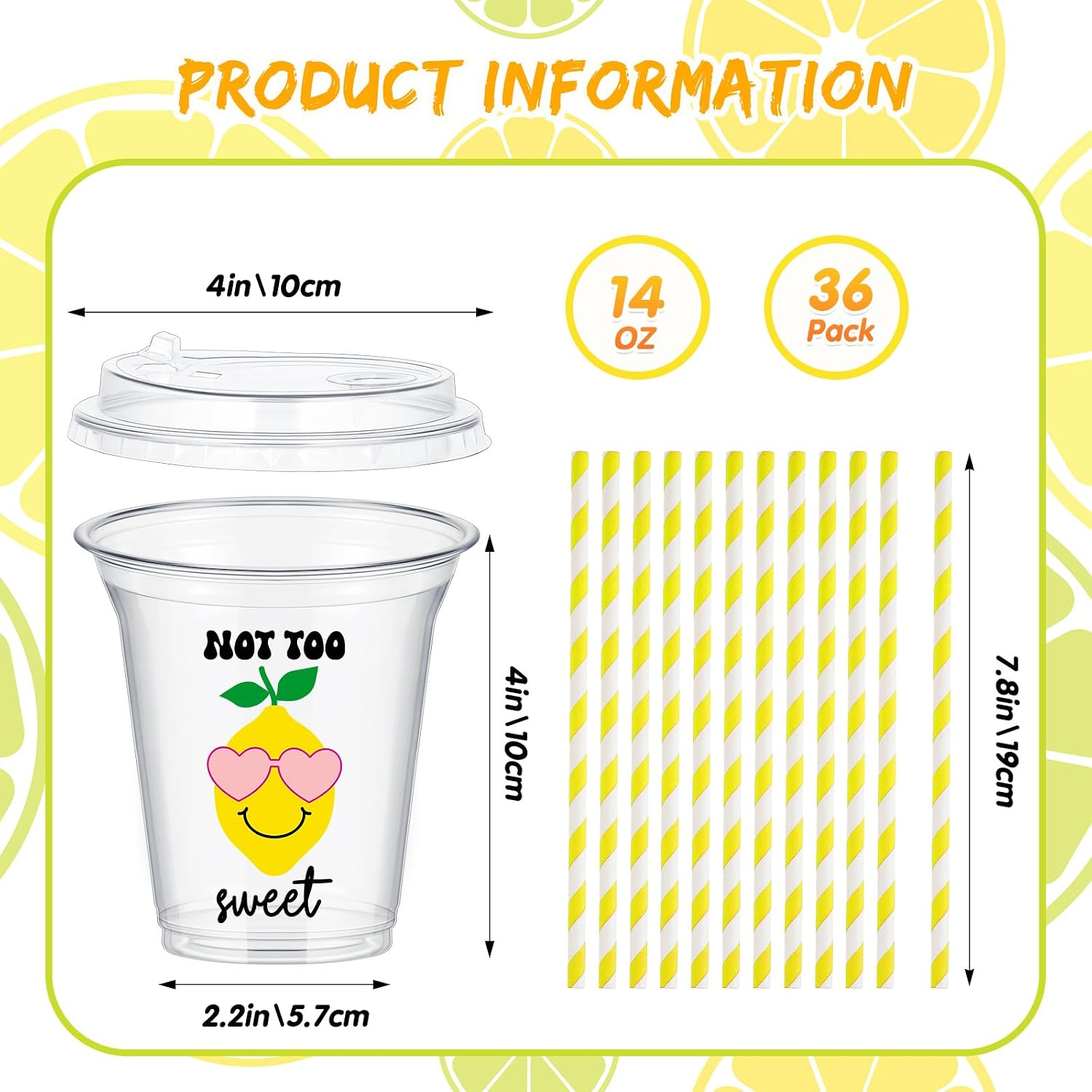 Boao 36 Sets Lemon Plastic Cups with Lids and Paper Straws image 2