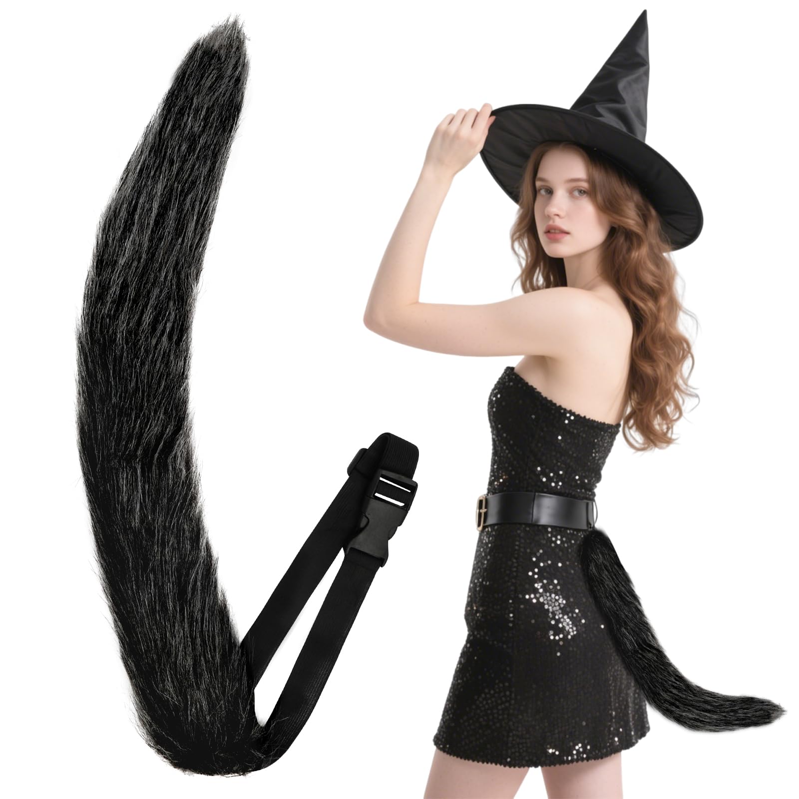 BSBUY Fox Tail Fur Furry Tail Adjustable Fox Tail Tail Accessory Fox Tail Fancy Dress for Cosplay Halloween Party World Book Day Christmas Costume for Adult Kid(Pure Black)