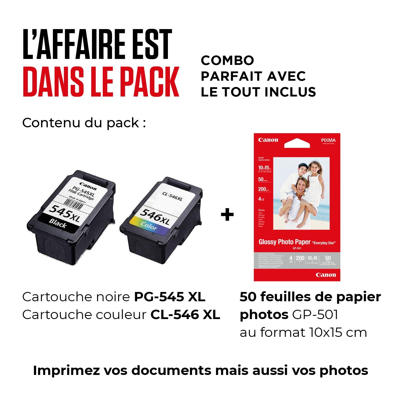 Canon PG-545XL / CL-546XL Lot de 2 Cartouches d'encre Authentiques à Haut rendement (Couleur et Noir) - Comprend 50 Feuilles de Papier Photo 10 x 15 cm - Carton de sécurité