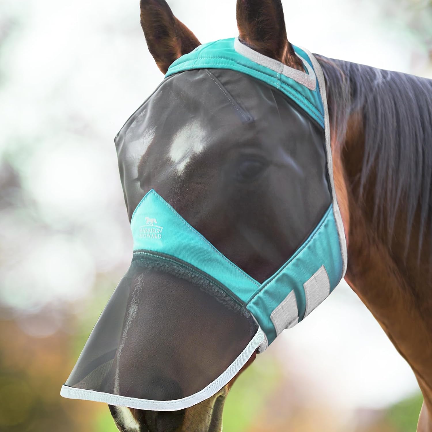 Harrison Howard CareMaster Pro Luminous Horse Fly Mask Large Eye Space Full Face Standard with Nose No Ears Summer Mint L