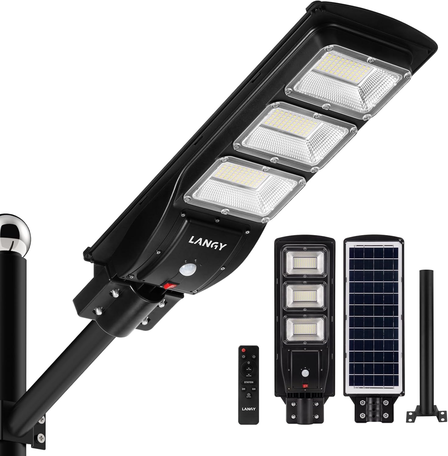 LANGY Solar Street Lights Outdoor Waterproof, 6500K 15000LM LED Street Light Dusk to Dawn, Solar Powered Street Lamp Outdoor with Motion Sensor, Remote Control, New Controller, for Parking Lot, Yard