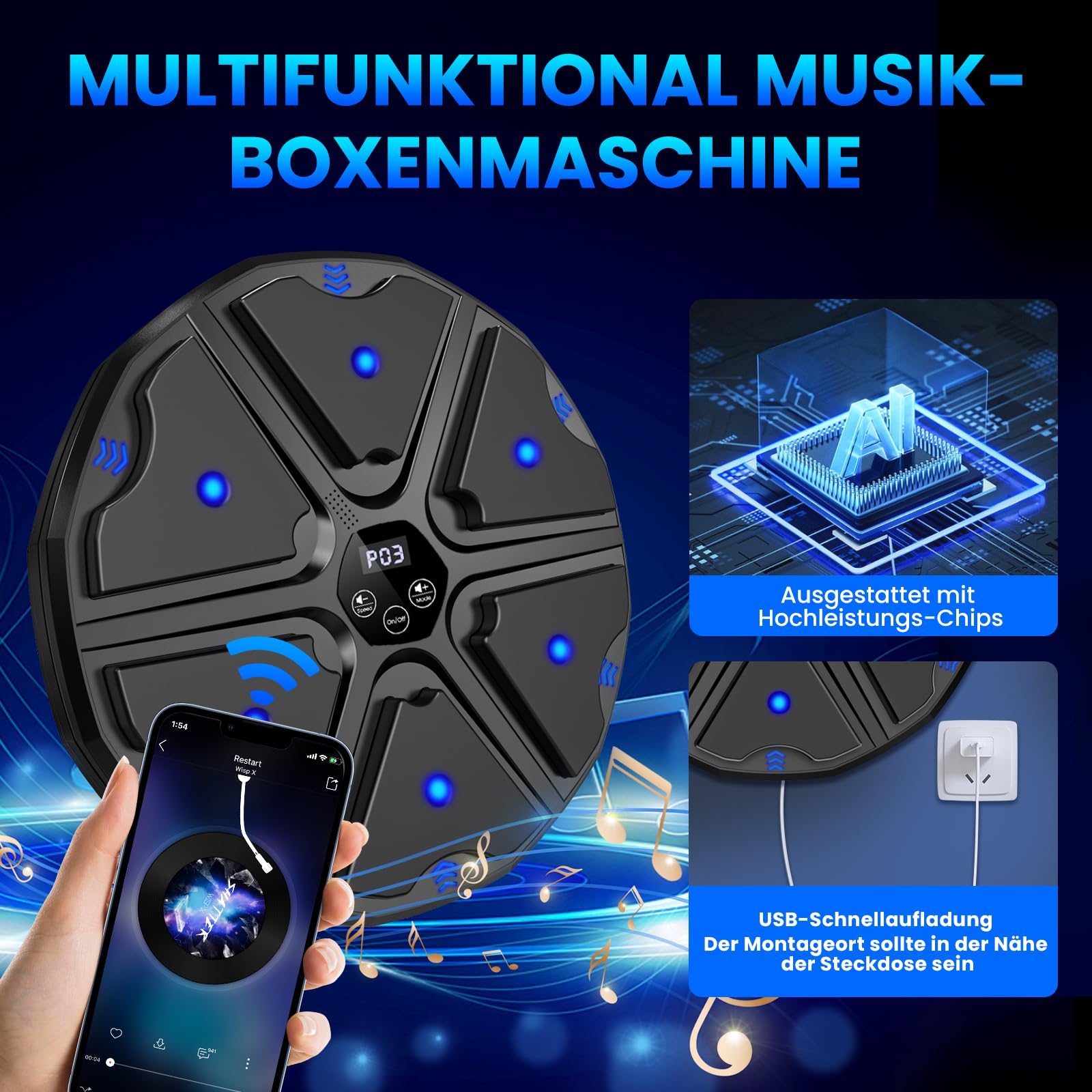 Music Boxing Machine, LED Elektronische Musik Boxing Machine mit Boxhandschuhen, 9 Geschwindigkeitsmodi und Zählmodus Unterstützt Bluetooth, Geschenk Für Erwachsene und Kinder Exercise