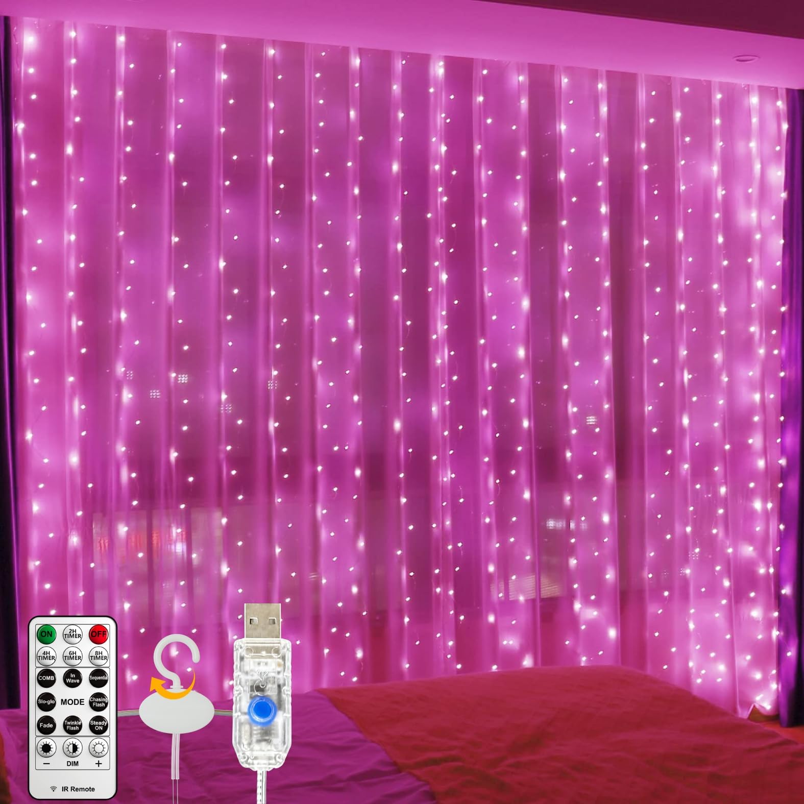 ZSJWL 300 LED Curtain Fairy Lights with Remote, 9.8 × 9.8 Ft, USB Plug in | 8 Modes, Waterproof, Twinkle Silver Wire, String Lights for Bedroom, Windows, Christmas, Wedding and Party Decor, Pink