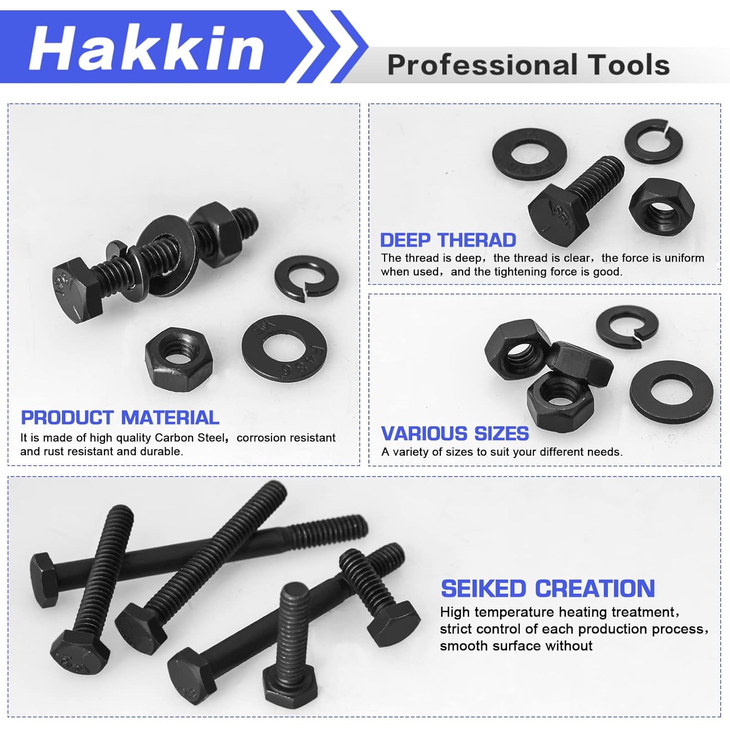 Hakkin 144PCS 1/4-20 Nuts and Bolts Assortment Kit, Carbon Steel 1/4" Hex Bolts and Nuts Kit, Flat & Lock Washers Set Screw Assortment Kit, Heavy Duty Screw Set with Storage Case Black