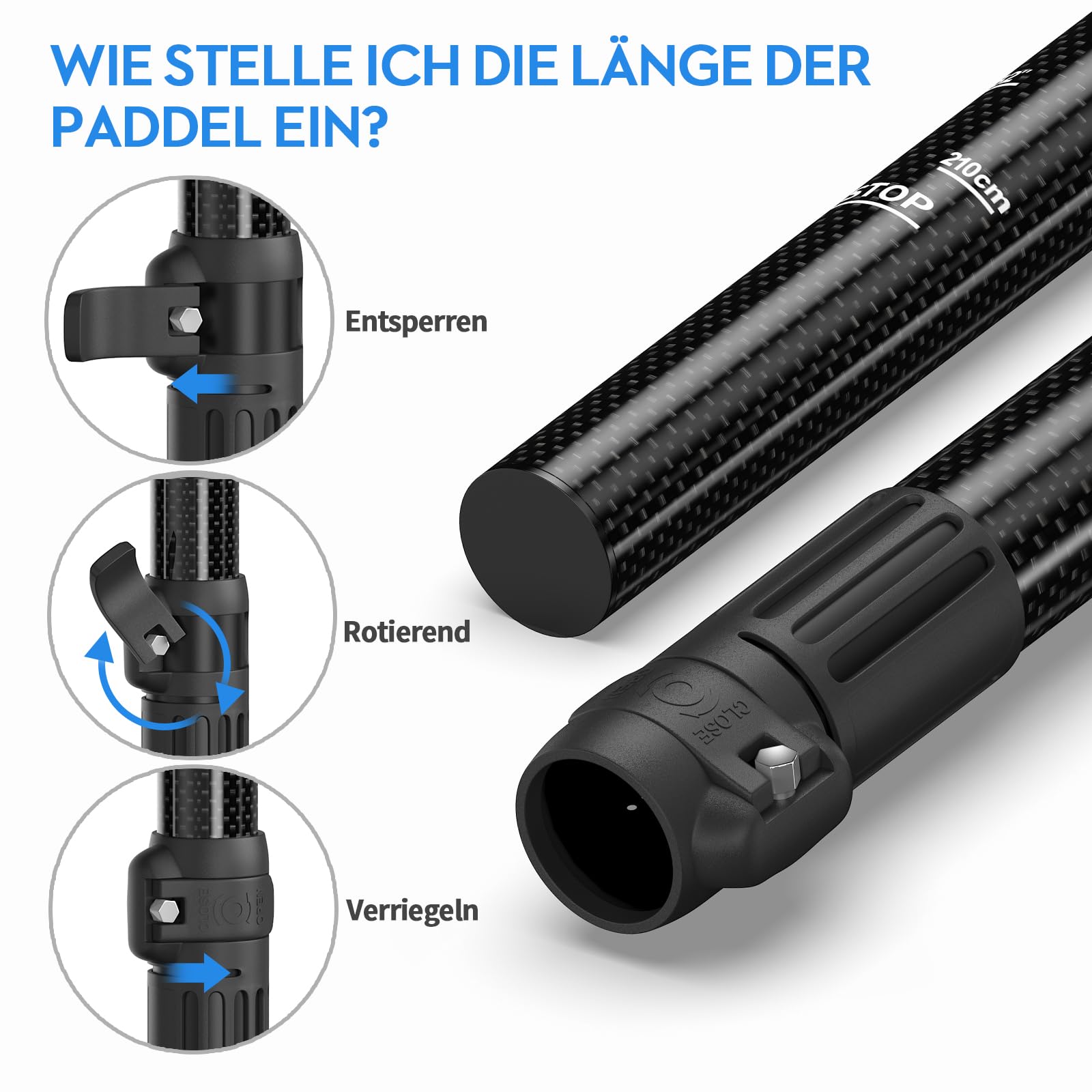 FOWAWU Halbcarbon- / Carbon-SUP-Paddel – 3-teiliges verstellbares Paddel für Stand-up-Paddleboards – Leichtes & schwimmendes Ruder für SUP-Bretter