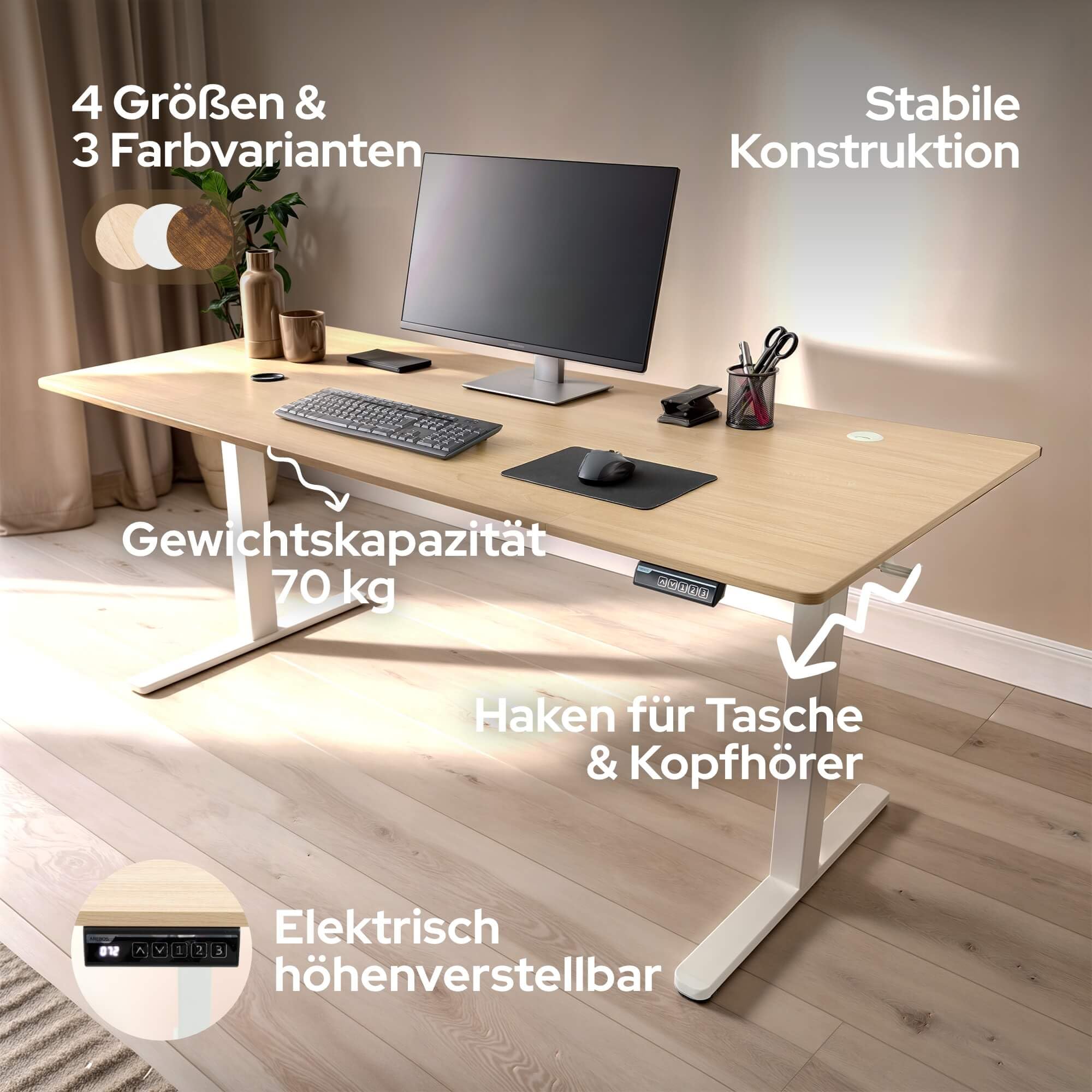 Arebos elektrisch höhenverstellbarer Schreibtisch 180x80 cm | Memory-Funktion | Verstellbarer Computertisch 72-118 cm | Standing Desk | ergonomischer Bürotisch | Steh-Sitz Tisch | Beige