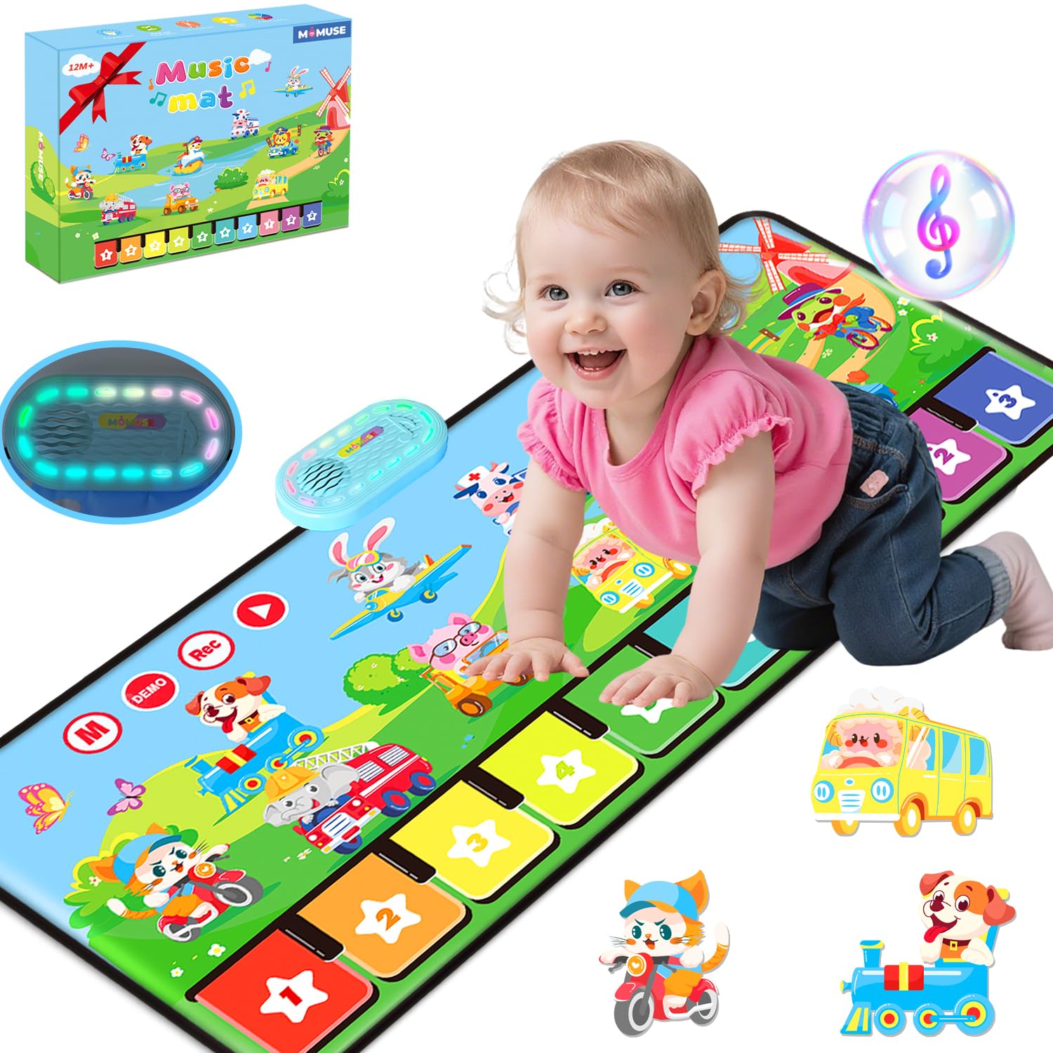 MOMUSE Tappeto Musicale con 80 Suoni, Tappeto per Pianoforte con 10 Animali e 10 Auto, Giochi Bambini 1 Anno, Giocattoli Musicali Regali per 1 2 3 4 5 Anni Ragazzi Ragazze