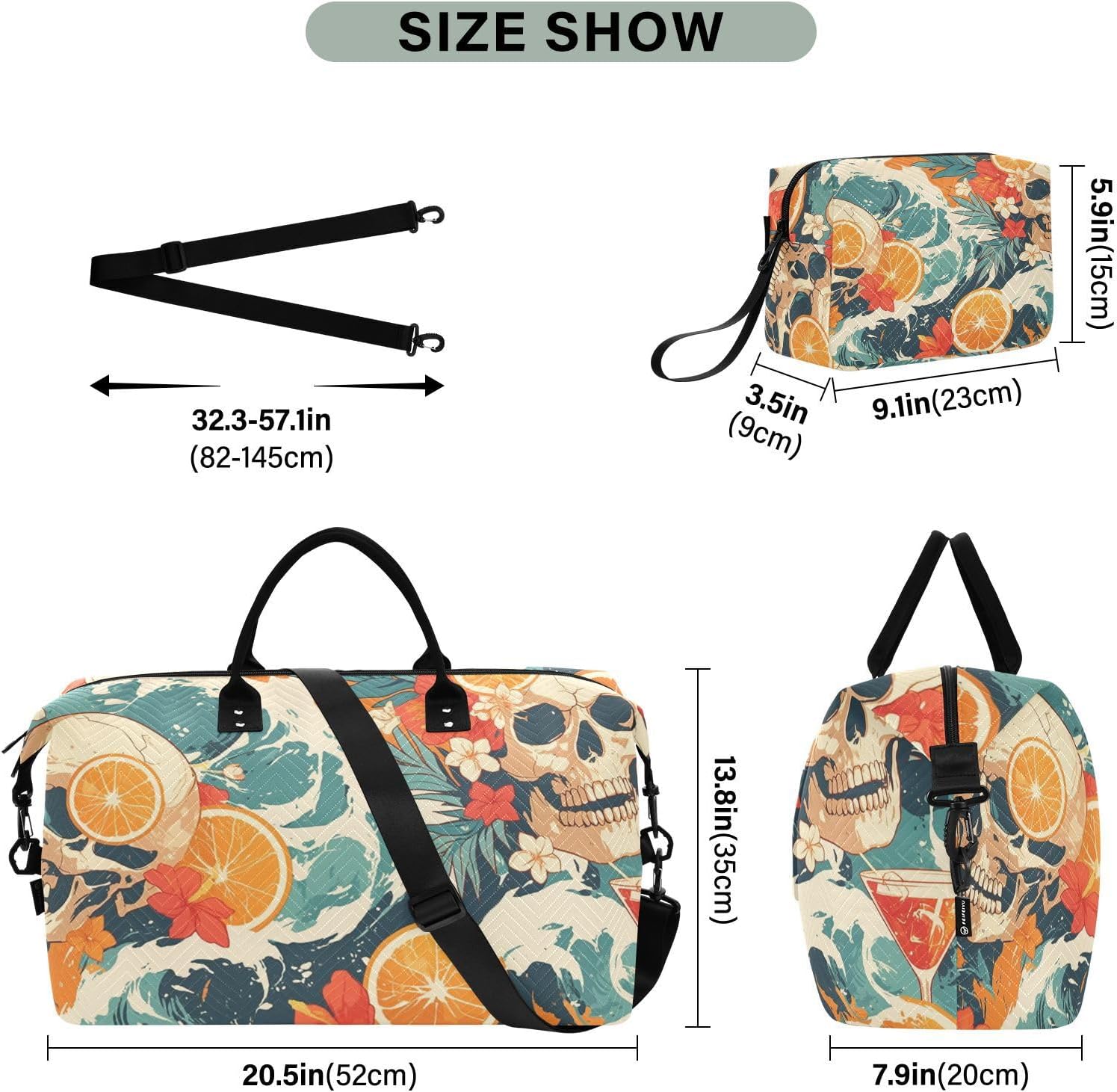 Blue Skull Cocktail Travel Hand Bag Large Carry On Airport Bag Travel Tote Gym Bag with Toiletry Bag for Sports 2 Pcs Set