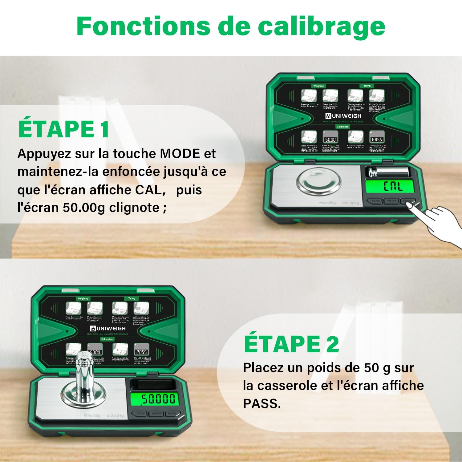 UNIWEIGH Balance de précision 0,001 g/50 g, balance numérique pour bijoux, poudre, pièces de monnaie, or, gemme, rechargement, micro-grammes avec 6 unités, tare, poids cal, balance mg de poche