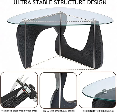 Miniatura 4 de Mesa auxiliar negra para sala de estar, mesa central ovalada moderna de 35.4 pulgadas con parte superior de vidrio templado y base de madera Negro +