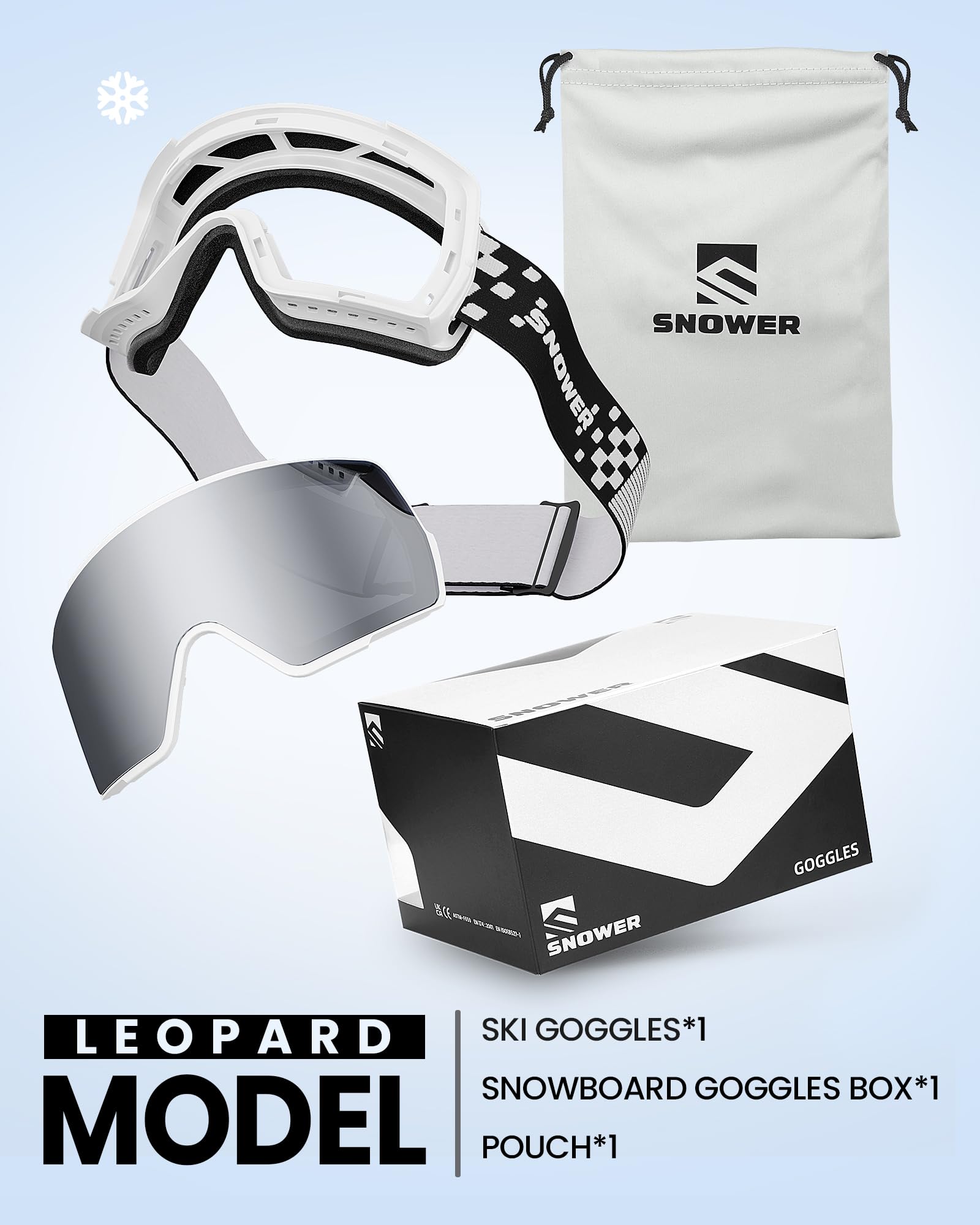 SNOWER Occhiali da sci – Occhiali da neve HD OTG con protezione UV400, occhiali da snowboard per uomo, donna e ragazzi