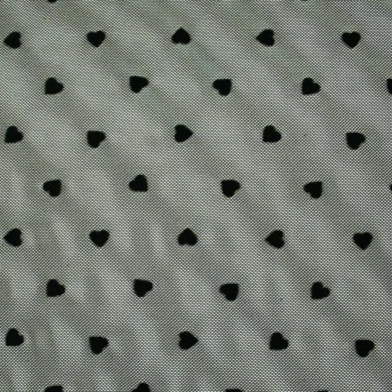 Jet Black Mini Hearts Valentine Flocked Power Mesh Net Stretch Dress Fabric (1 Metre, Jet Black 6480)