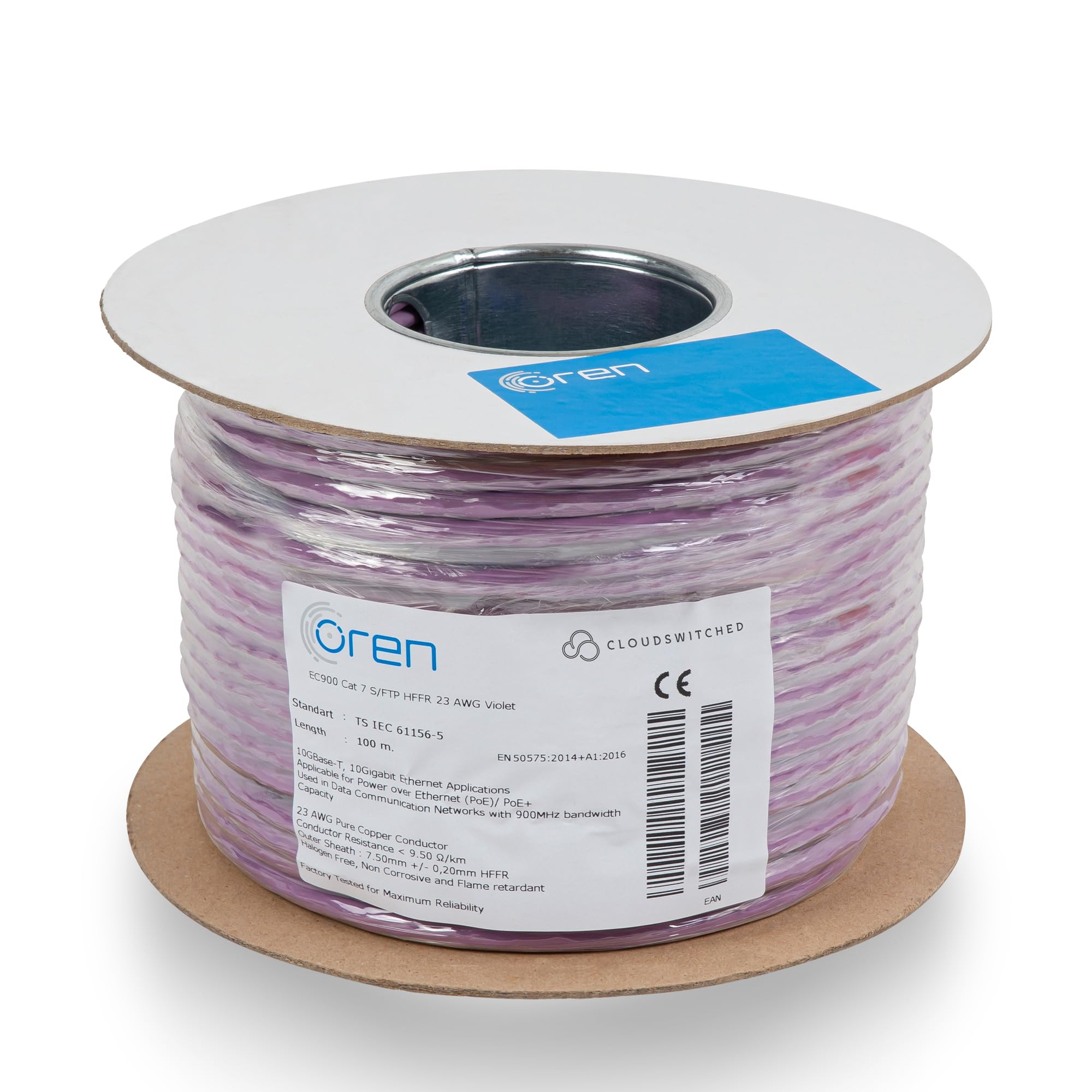 Oren CAT7 100m Cavo Ethernet – 23 AWG Cavo in Rame Nudo – B2ca - 900 MHz Larghezza Banda S/FTP Cavo di Rete LAN Internet, senza alogeni, anticorrosivo, antifiamma – 10GbE