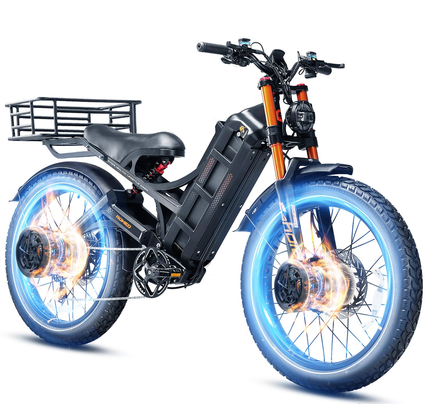 2025 Romeo Pro 3/ Pro 2 5000W/ 4000W 46-50MPH Dual Motor Electric Bike for Adults, 80/70Ah/200+ Miles Long Range Electric Bike, 26'' Puncture-Proof Tire, 7-Speed Pedal Assist UL Certificate