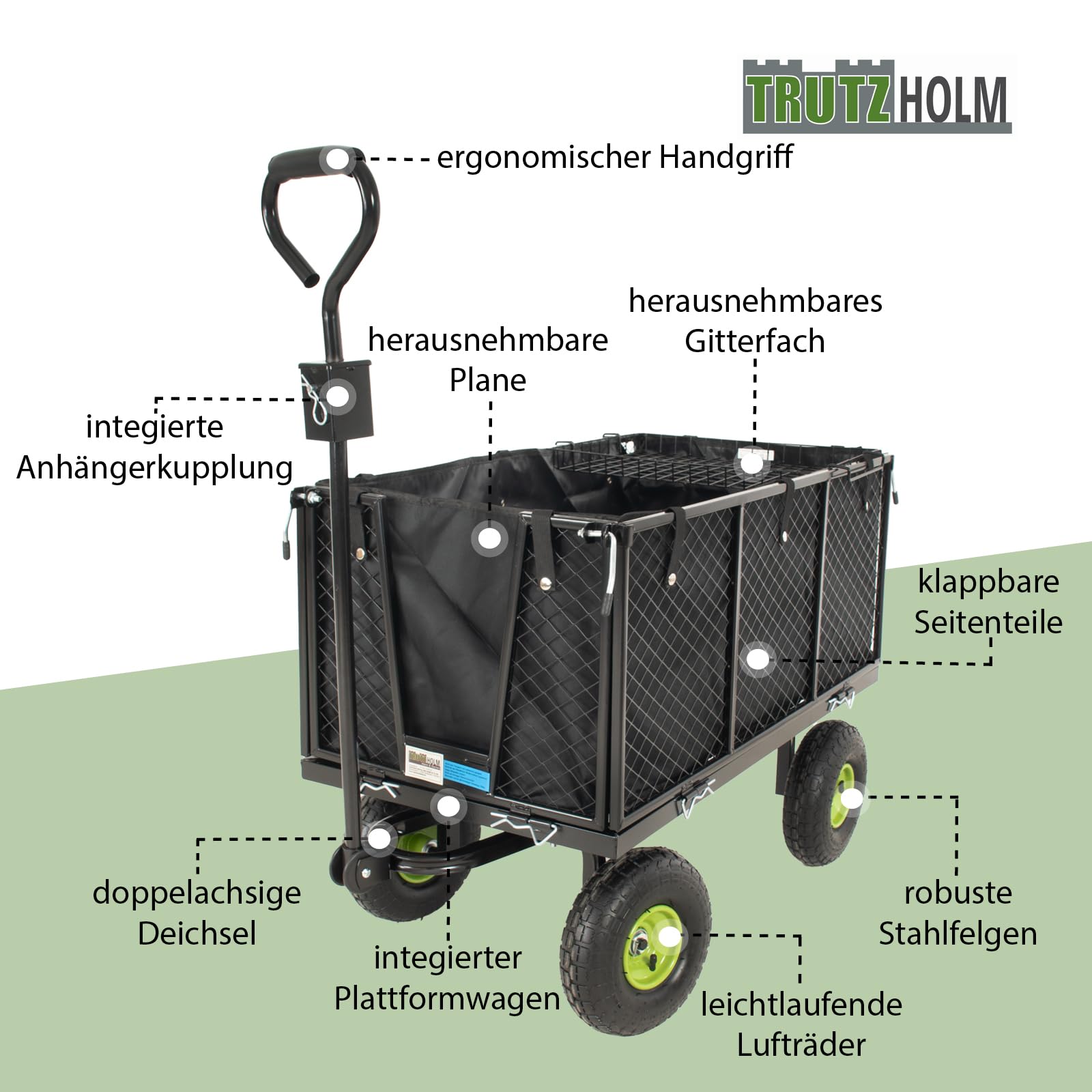 TRUTZHOLM Bollerwagen herausnehmbare Plane bis 550kg belastbar Handwagen Gitterwagen Gartenwagen Transportwagen | mit Rasentraktorkupplung an der Deichsel oder Handgriff gepolstert
