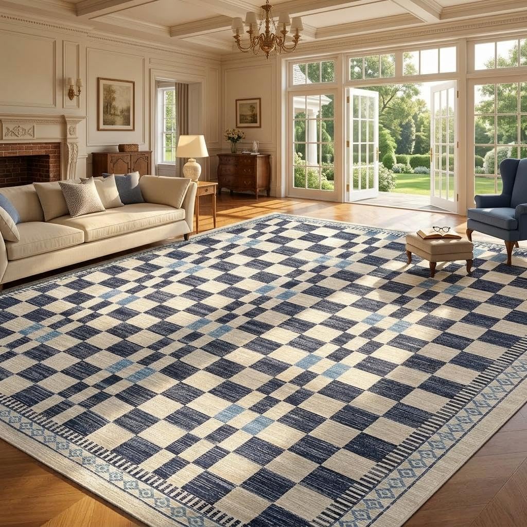 GarveeHome 10x13 Area Rug for Living Room Modern Abstract Checkered Carpets Contemporary Blue Bordered Floor Cover Machine Washable Non-Slip Low Pile Area Rug for Bedroom Dining Nursery Playroom