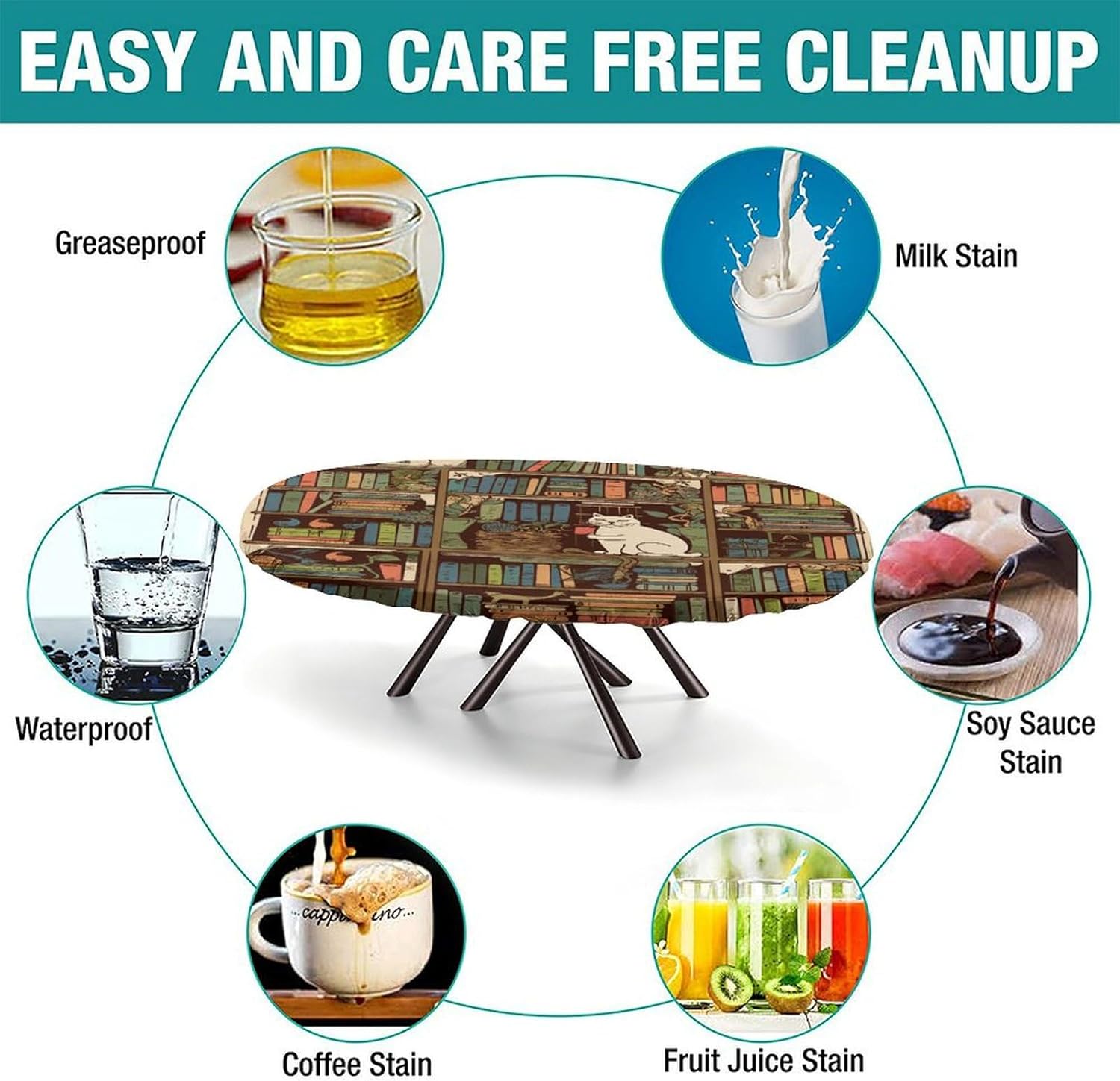 Cat on Bookshelf Pattern Printed on Tablecloth for Oval Table, Fitted Table Cover, Table Pads for Dining Room Table Rectangular, Fits for 48" x 68" Oval Table