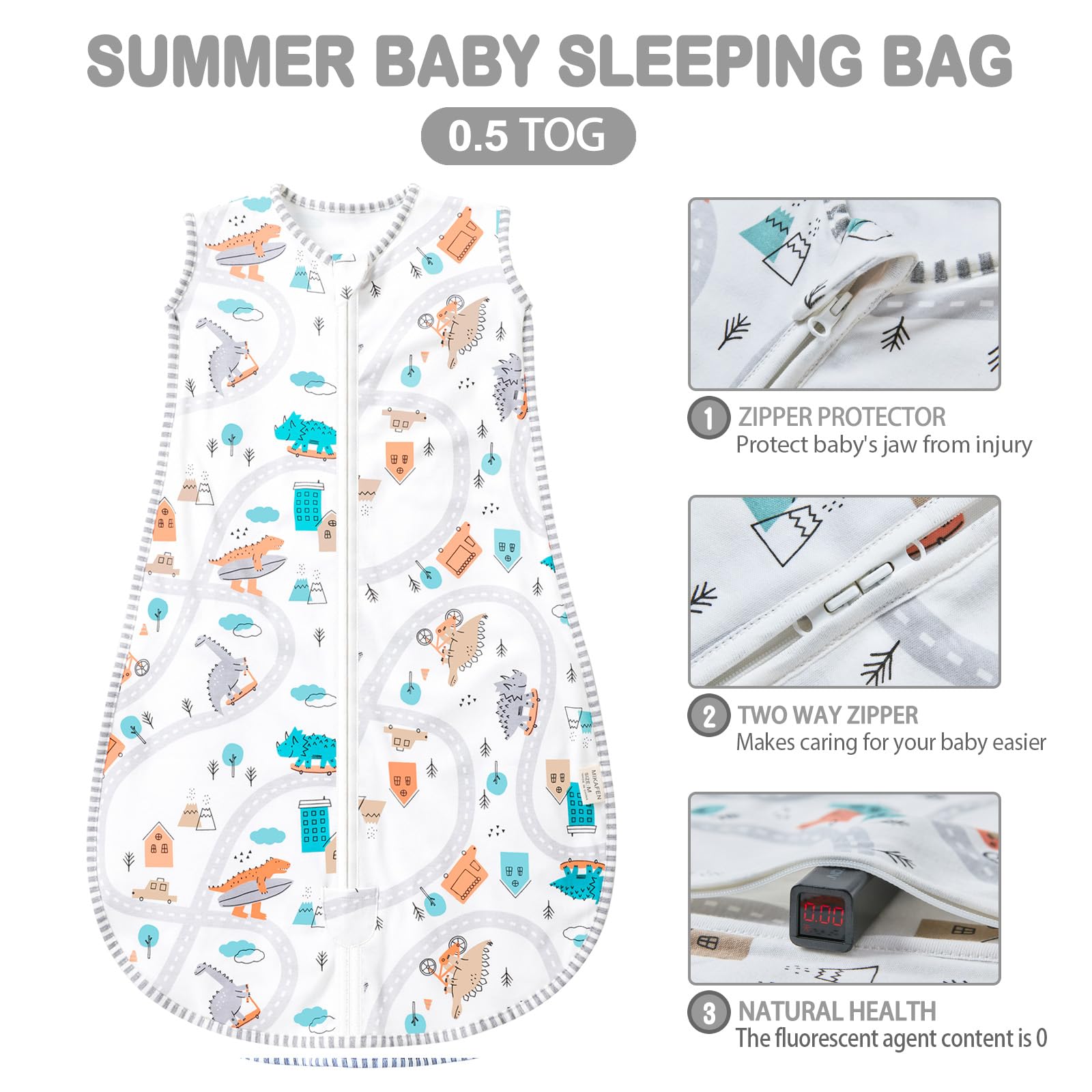 MIKAFEN Sacco Nanna Estivo 0.5Tog, Sacco Nanna Neonato Senza Maniche in 100% Cotone, Unisex Ragazzi e Ragazze (Dinosauro 6-14 mesi)