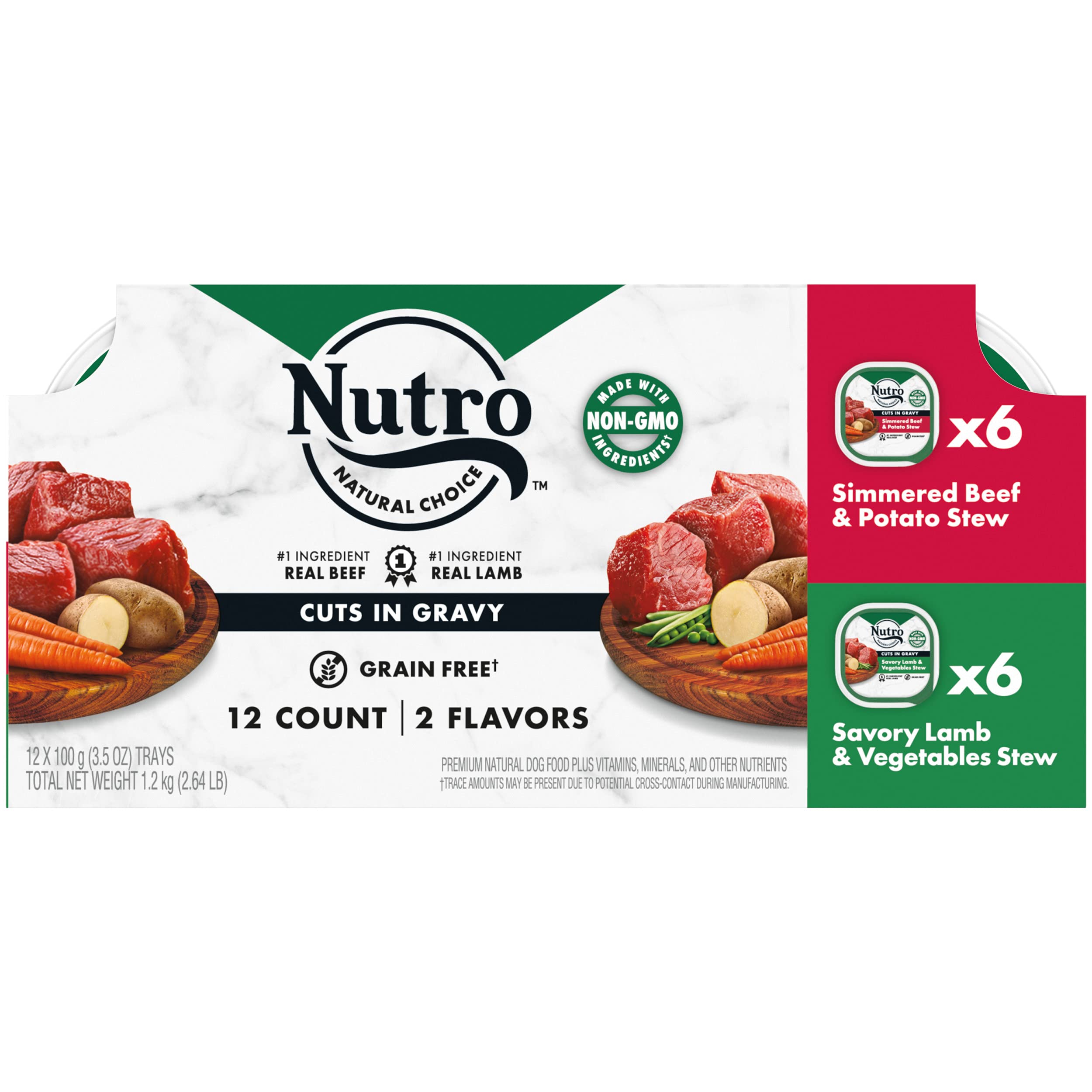 Photo 1 of NUTRO Adult Natural Grain Free Wet Dog Food Cuts in Gravy Simmered Beef & Potato Stew and Savory Lamb & Vegetable Stew Variety Pack, (12) 3.5 oz. Trays Adult Variety: Beef, Lamb 3.5 Ounce (Pack of 2)