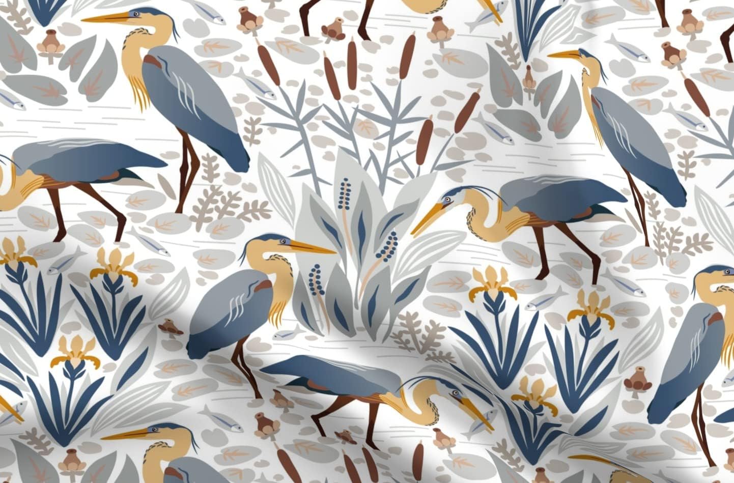 Spoonflower Fabric - Bird Orange Fish Gray Pond Iris Lake Heron Wildlife Cattail Wetland Printed on Organic Cotton Sateen Fabric by The Yard - Sewing Quilting Apparel Home Decor
